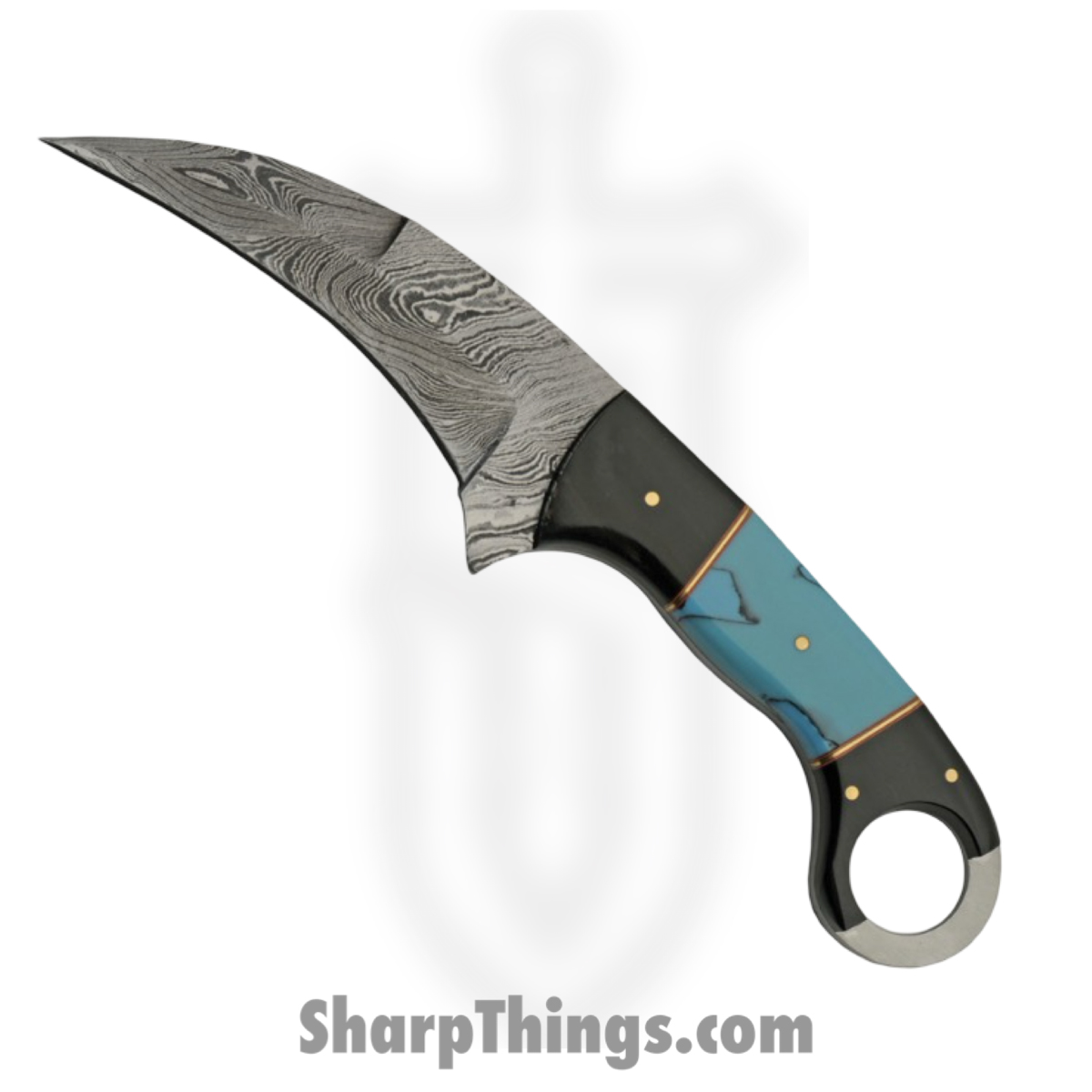 e7a0534c-b500-47a2-8021-466b1a032697_DM1295TR_1.jpg Damascus - DM1295TR - Buffalo Horn Karambit - Fixed Blade Knife - Damascus - Buffalo Horn Turquoise - Black Blue - Image 1
