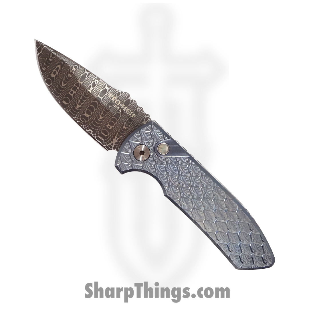 e84f7914-73a6-4108-beb8-aa2c1b61d1f5_2023SBR003_1.jpg ProTech - 2023SBR003 - 2023 SBR Custom 003 Blue Double Feather - Vegas Forge Damascus Damascus Clip Point - Titanium - Blue Double Feather Bronze - Image 1