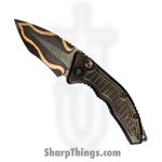 Heretic Knives - CusMed1 - Custom Medusa - Automatic Knife - HG Baker Forge Damascus Damascus Recurve - Titanium/Frag - Black