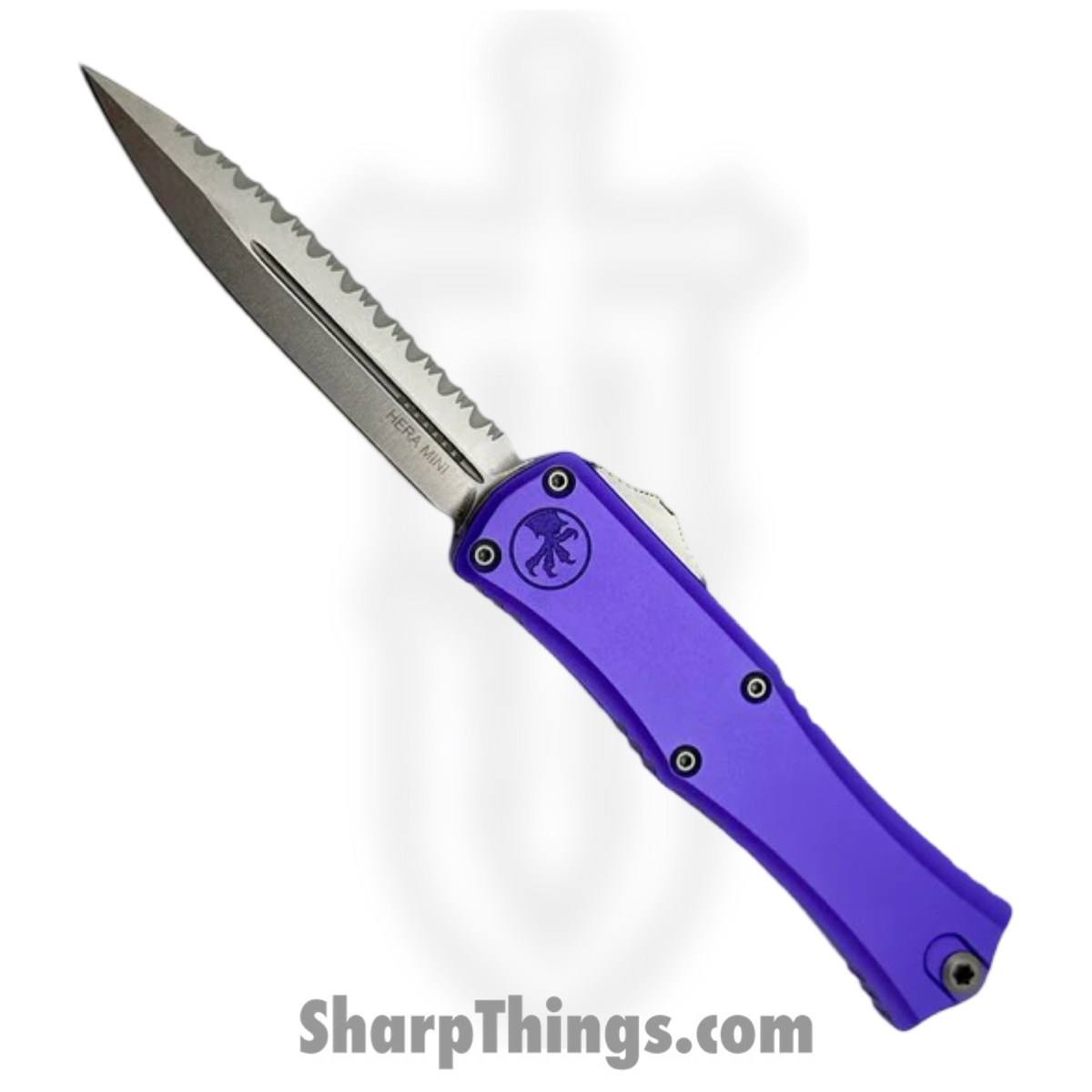 e8daac10-4814-428a-833b-1b889f710d9b_1702M-12PU_1.jpg Microtech - 1702M-12PU - Mini Hera II - OTF Auto - M390MK Stonewash Dagger F/S - 6061-T6 Aluminum - Purple - Image 1