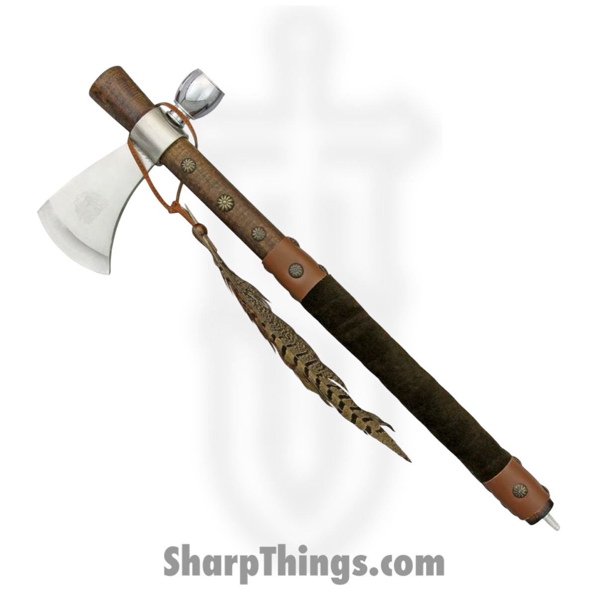 e8ea5c8e-d145-4546-b918-233bf3b3b18e_DX201_1.jpg Denix - DX201 - Peace Pipe Tomahawk - Steel - Hardwood Brass Faux Fur Wrapped - Brown Black - Image 1