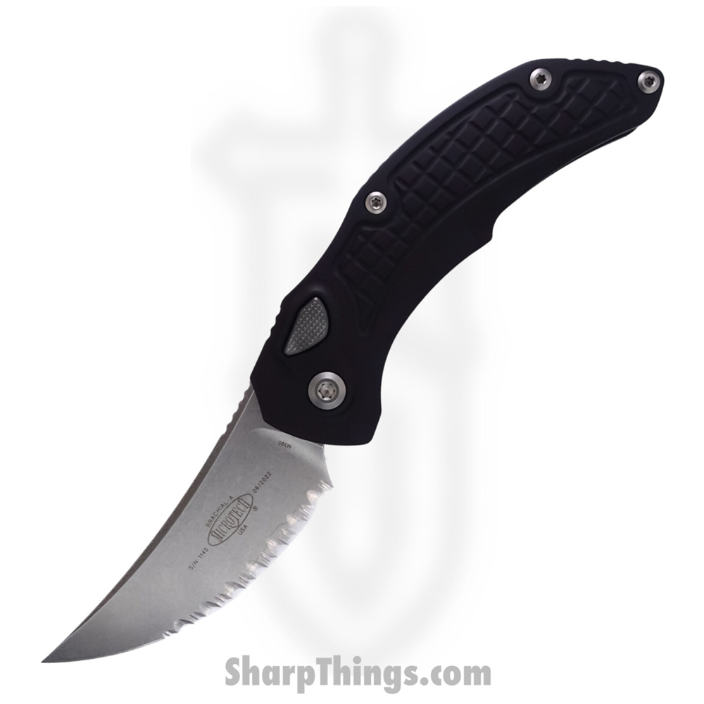 eb4ac6d1-adac-4523-92fd-c1cf249c44eb_268A-12_1.jpg Microtech - 268A-12 - Brachial Bastinelli Creations - Automatic Knife - M390 Stonewash Trailing Point - 6061-T6 Aluminum/Frag - Black - Image 1