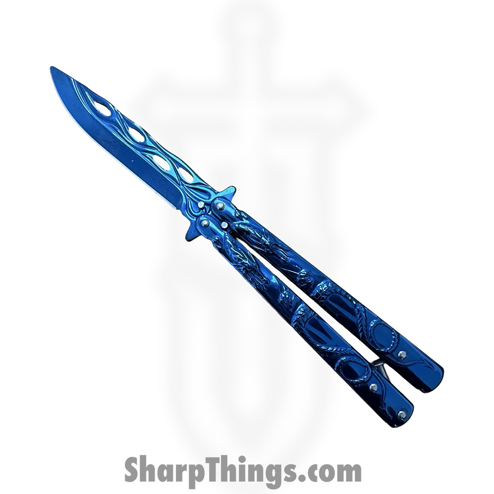 ecaf8436-e3f0-43e4-a5d3-ca0a2efddba8_BK140_1.jpg VOC - BK140 - Butterfly Knife - Balisong - 440 SS Coated Drop Point - Dragon - Blue - Image 1
