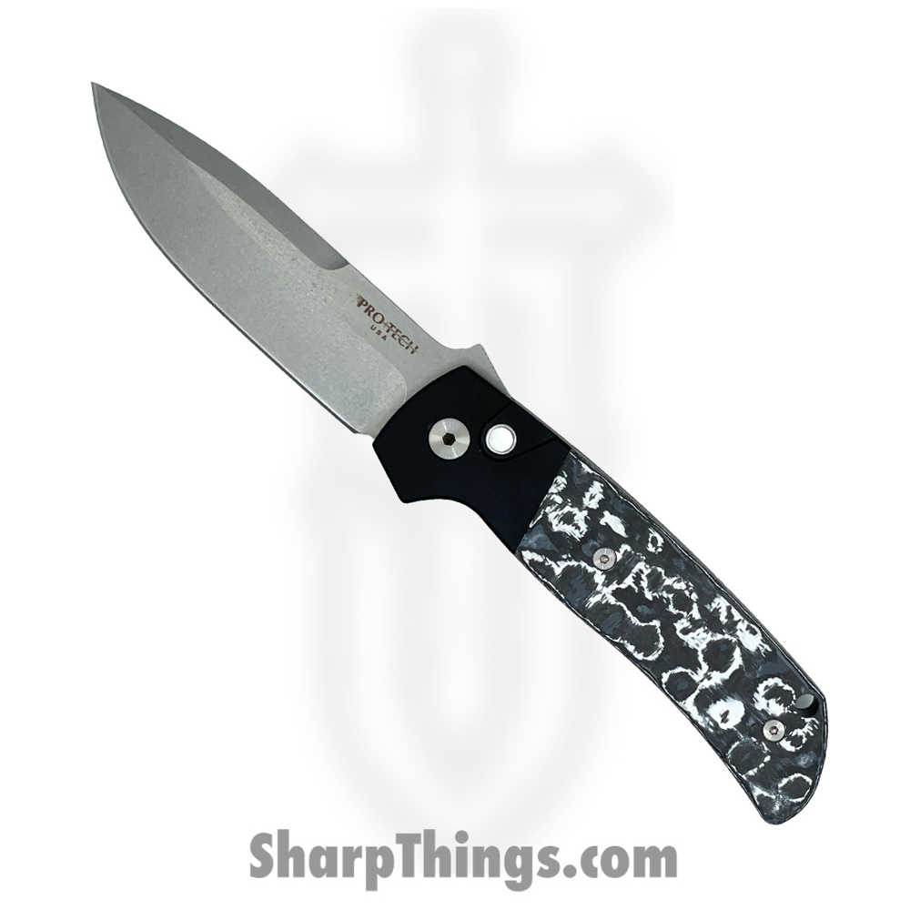 ed4ab384-9192-4102-80f3-b45b333c922f_BT2731-WS_1.jpg ProTech - BT2731-WS - Terzuola ATCF - Automatic Knife - Magnacut Stonewash Drop Point - Aluminum/FatCarbon - Black/White - Image 1