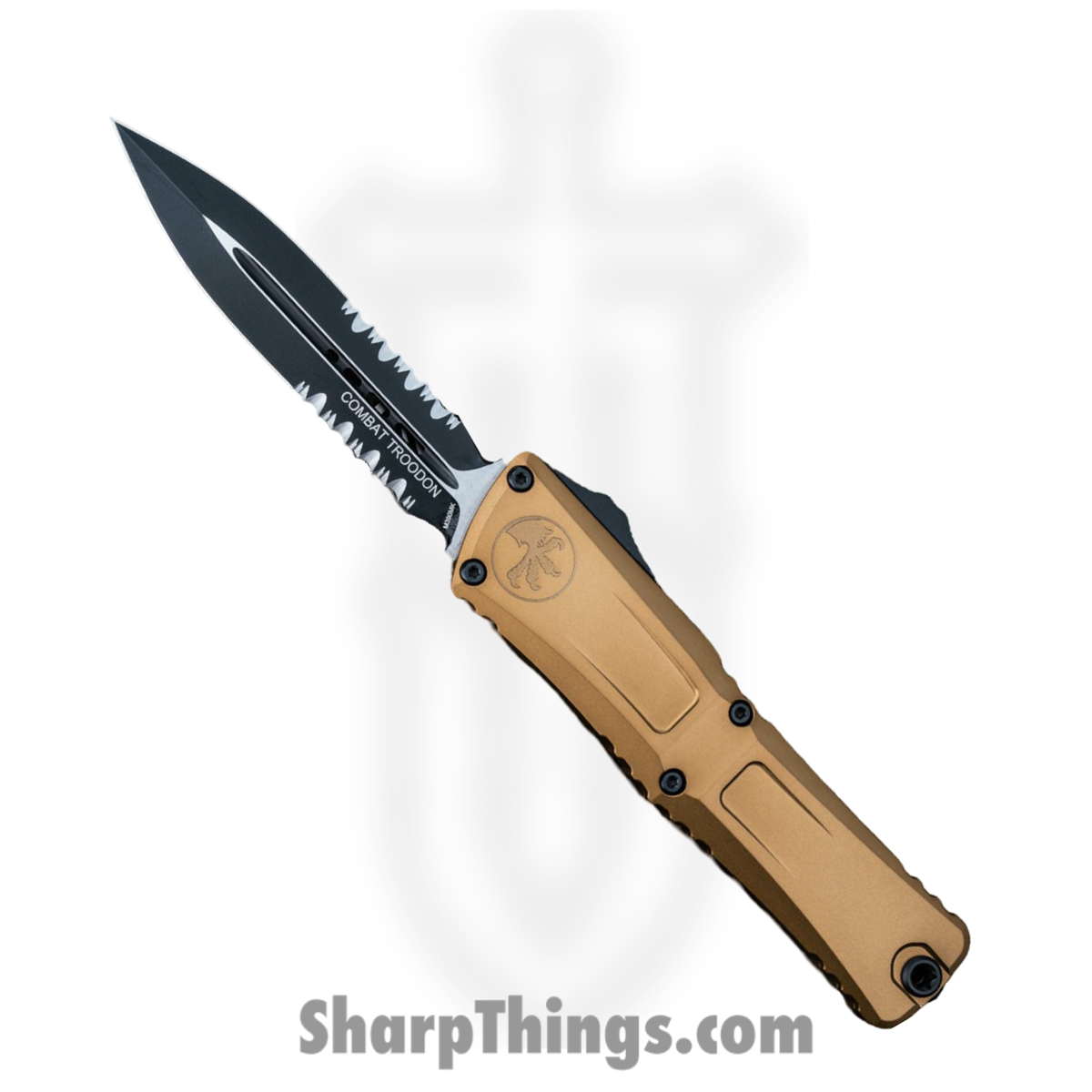 ed4adc30-d533-452c-975b-c9a509fe8183_1142-2TA_1.jpg Microtech - 1142-2TA - Combat Troodon Gen III - OTF Auto - M390MK Black D/E P/S - Deep Engraved Aircraft Aluminum - Tan - Image 1