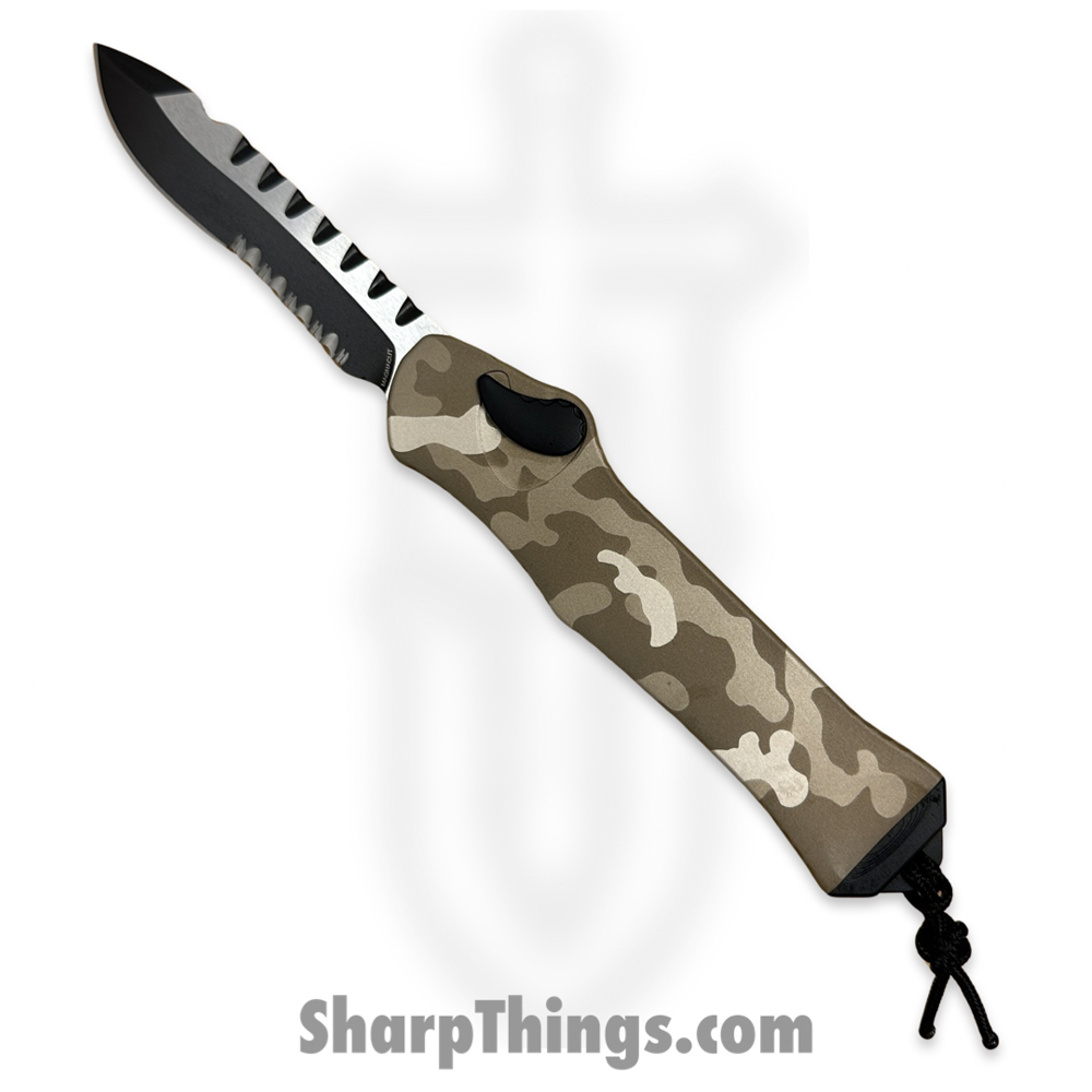 ef0be5c1-0ce1-4d90-afb1-d2364c268f5e_H008-10B-TCAMO_1.jpg Heretic - H008-10B-TCAMO - Hydra - OTF Auto - CPM Magnacut 2 Tone - Serrated- Recurve - Aluminum - Tan Camo - Image 1