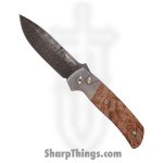 ProTech - 2023 ATCF.010 - Bob Terzuola ATCF Steel Custom - Automatic Knife - Damascus Damascus Drop Point - 416 Steel/Maple Burl Wood Inlay - Brown/Gray
