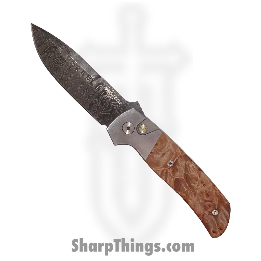ef281821-bc24-4851-abfc-c2987ce96b4c_2023-ATCF.010_1.jpg ProTech - 2023 ATCF.010 - Bob Terzuola ATCF Steel Custom - Automatic Knife - Damascus Damascus Drop Point - 416 Steel/Maple Burl Wood Inlay - Brown/Gray - Image 1