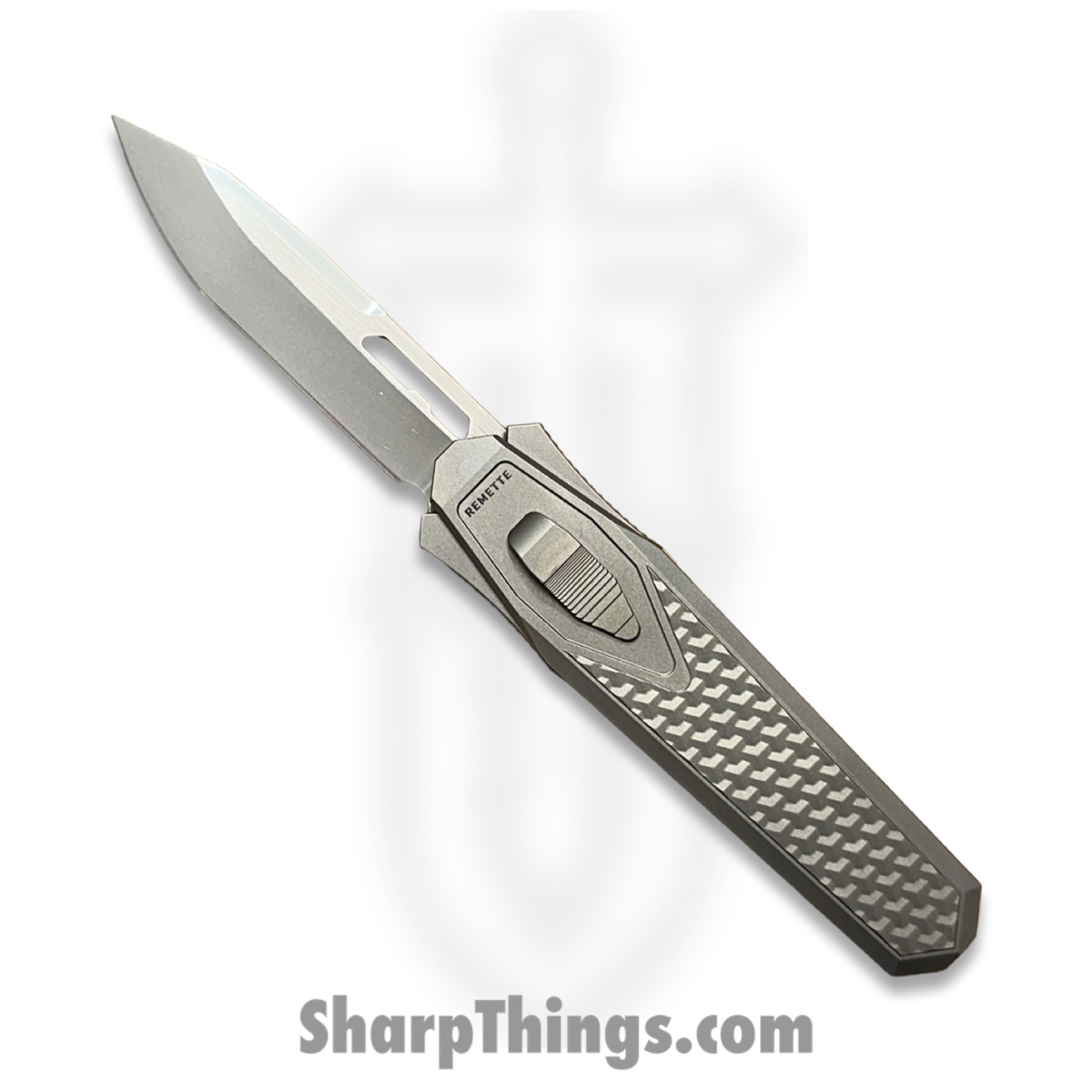 efca2945-c164-49ff-9d71-4a334712b9b9_ZL101B4_1.jpg Remette - ZL101B4 - RT Swordfish - OTF Gravity Knife - M390 Satin/Blasted Tanto - Flair Style - Pattern Titanium w Carbon Fiber Inlay - Gray - Image 1