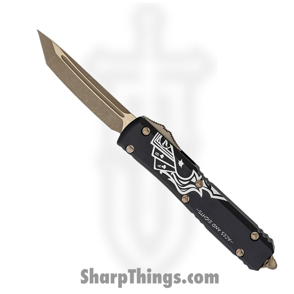 effe7726-fdcf-4cf7-9682-a823b86dcb81_123-13DMS_1.jpg Microtech - 123-13DMS - Ultratech Deadmans Hand - OTF Auto - Elmax Bronze Tanto - 6061-T6 Aluminum - Black/White - Image 1