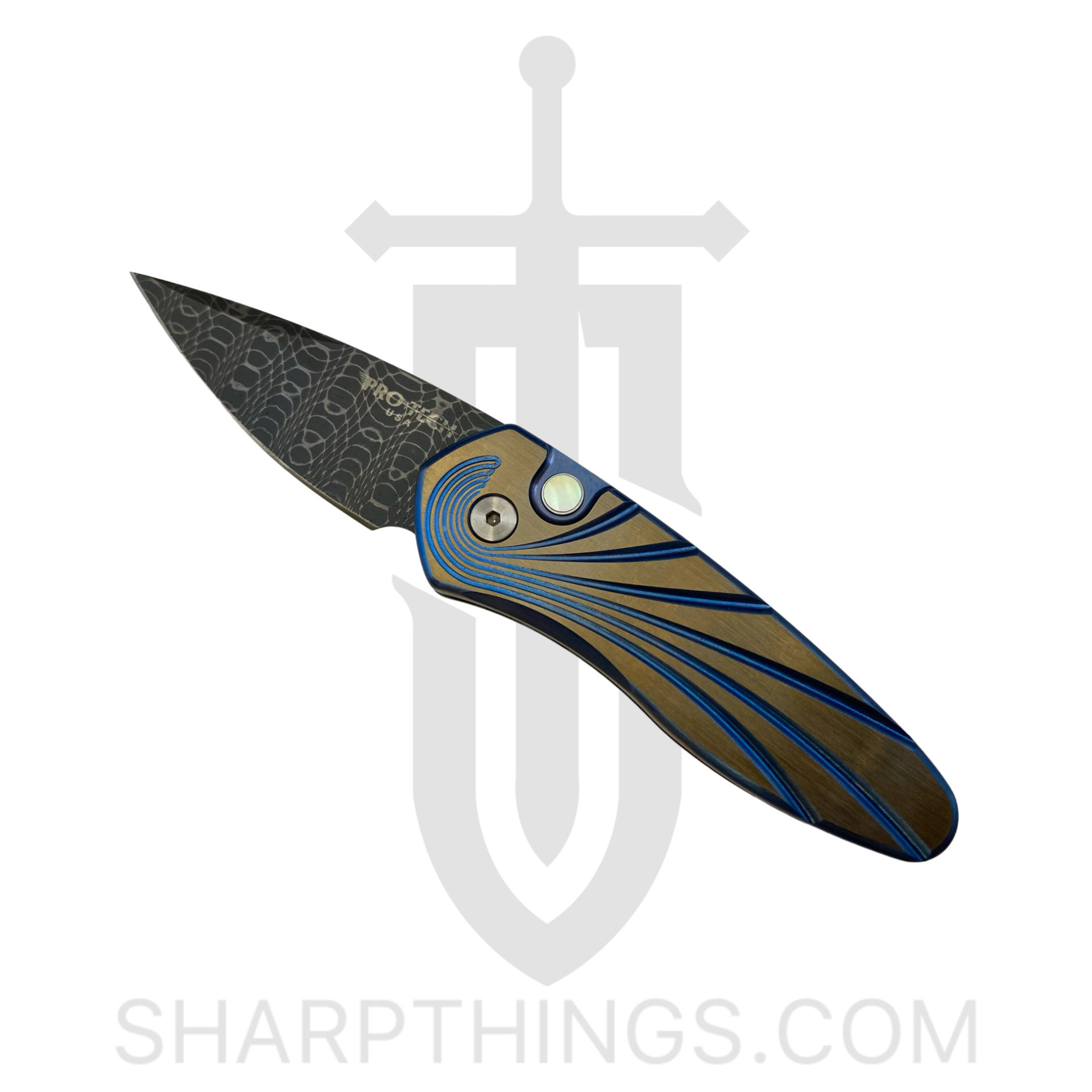 f0195db2-acf9-4545-8f01-94f528982c50_2951-S_1.jpg ProTech - 2951-S - Sprint Titanium Custom - Automatic Knife - Damascus Acid Etch Spear Point - Titanium - Gold/Blue - Image 1