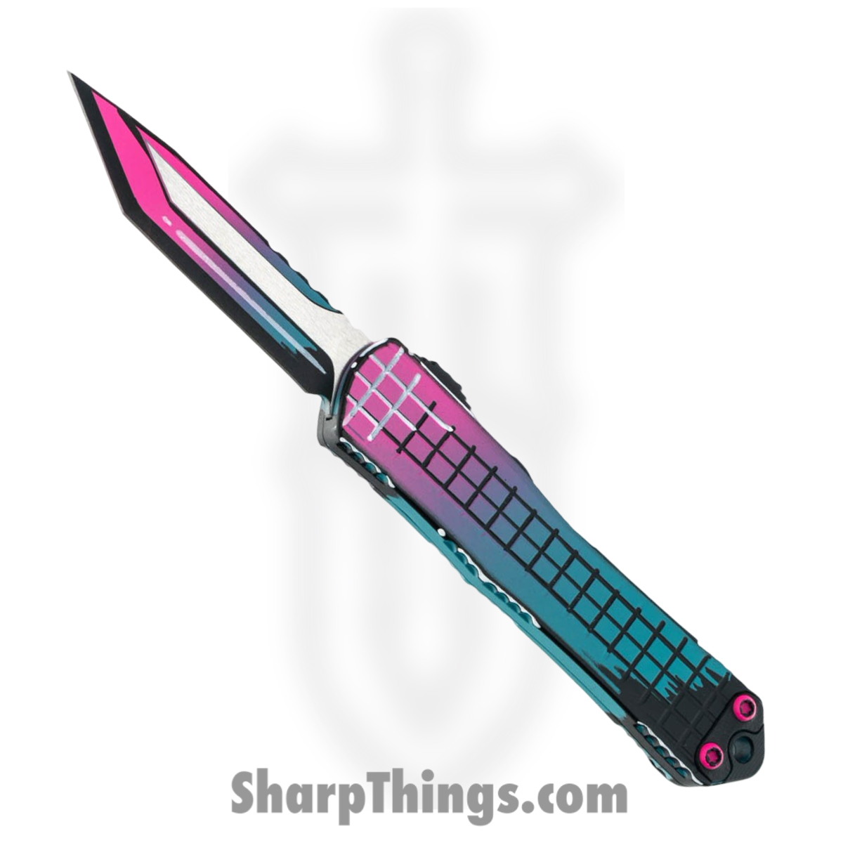 f0bdba96-ea82-4eba-ad1c-39d4b6c4fdae_H023F-CS-MV_1.jpg Heretic Knives - H023F-CS-MV - Manticore S - OTF Auto - CPM MagnaCut Coated Tanto - Aluminum Cel Shading - Miami Vice - Image 1