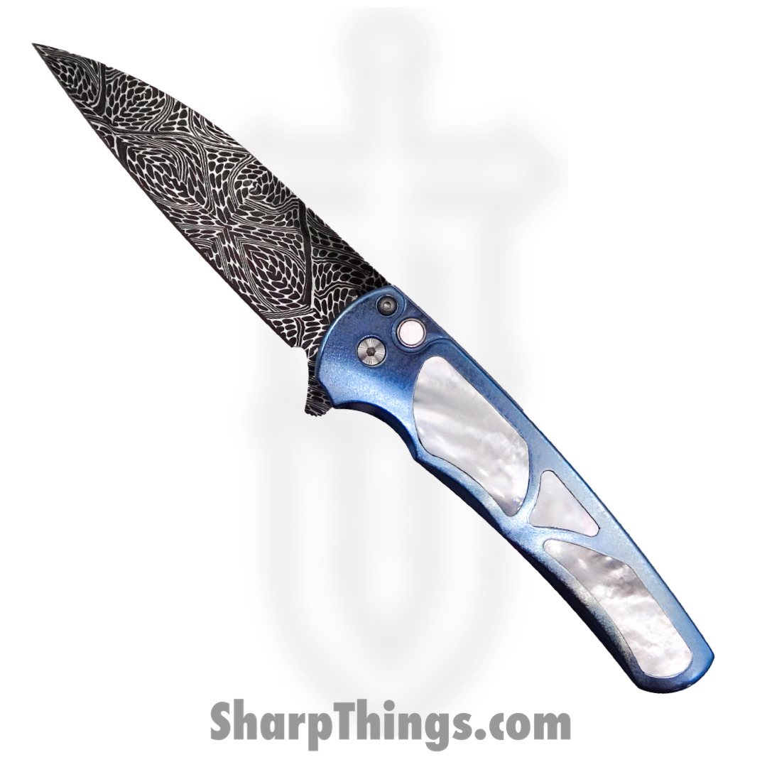 f1024069-fa32-4ee0-a098-325d93ba622d_2023MALIBU011_1.jpg ProTech - 2023MALIBU011 - 2023 Malibu Custom 011 Blue Ti w/ White Pearl Inlays - Nichols Damascus Mosaic Wharncliffe - Anodized Titanium with White Pearl Inlay - Blue Pearl - Image 1