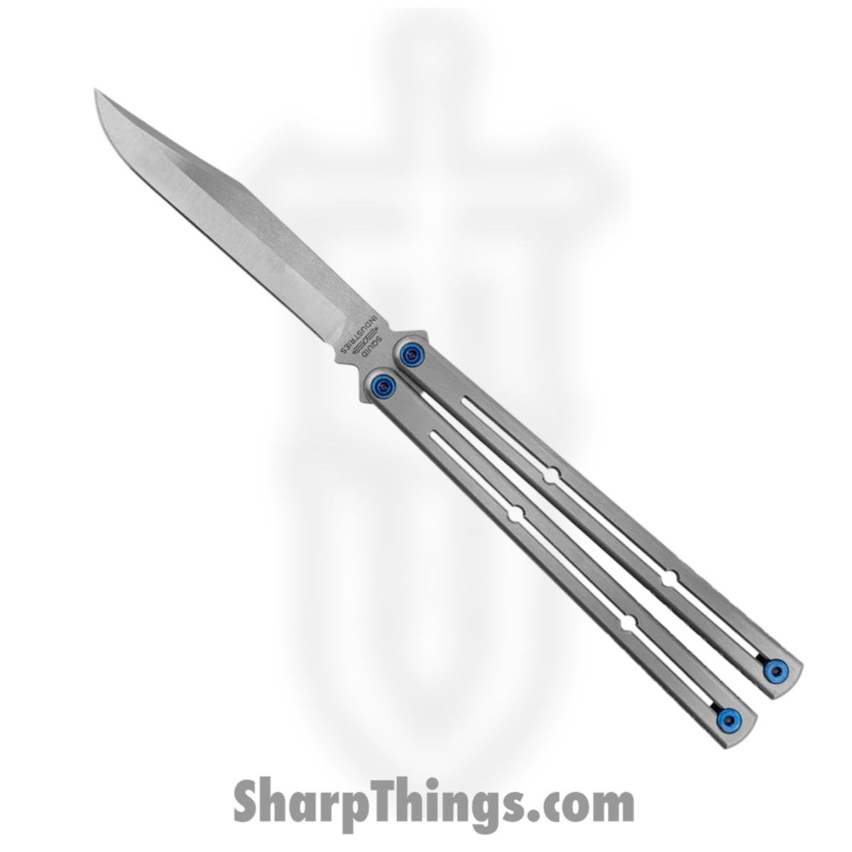 f1577c4e-daea-4e00-8e85-bd4d27c39fec_krm-zrbw-sl_1.jpg Squid Industries - krm-zrbw-sl - Krake Raken Matte - Balisong - Stainless Zirblast Bowie - 6AL-4V Titanium - Silver - Image 1