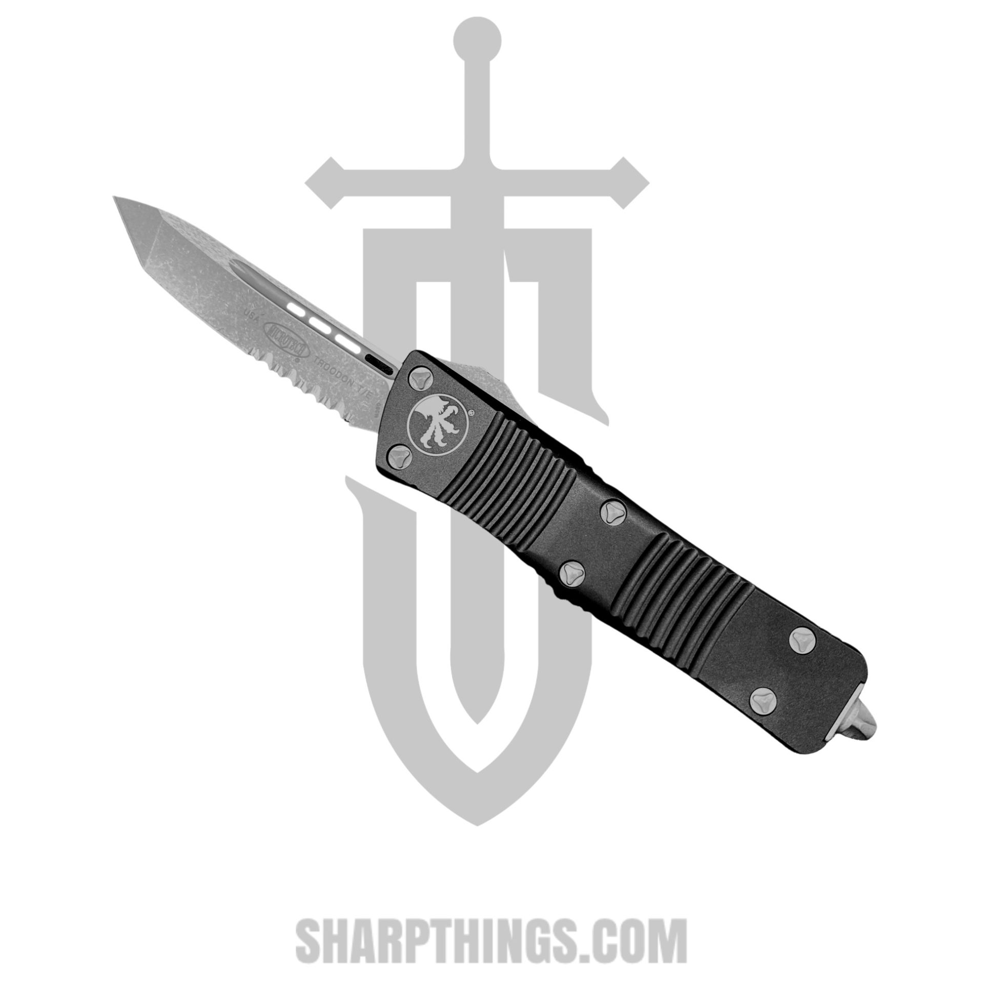 f3888944-0f54-43f6-a225-fc075b2103e3_140-11AP_1.jpg Microtech - 140-11AP - Troodon - OTF Auto - M390 Apocalyptic Tanto - 6061-T6 Aluminum - Black - Image 1