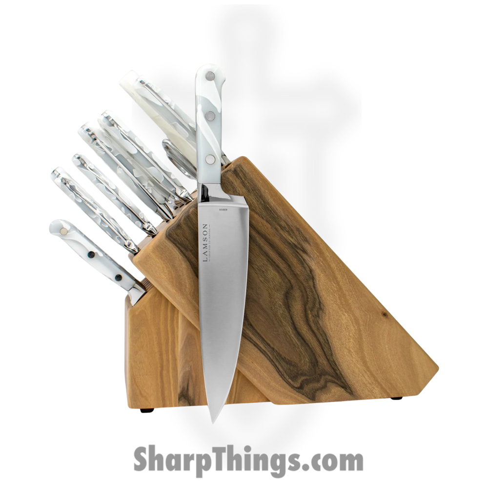 f5637140-e2ca-444c-b3e8-271d33cae11e_69996_1.jpg Lamson - 69996 - 20 Piece Premier Forged Knife Natural Walnut Block Set with Fine Steak - 4116 Polished - Acrylic - Ice - Image 1