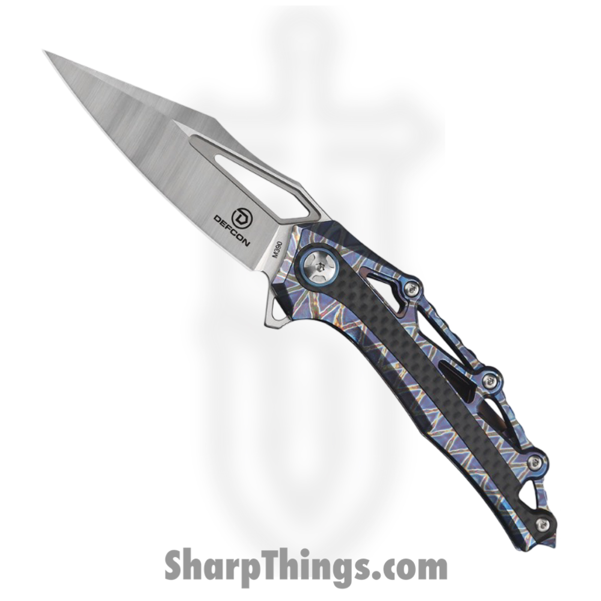 f5e36601-1465-40bb-9134-bbc887f4db01_TF93932_1.jpg Defcon - TF93932 - Valkyrie - Folding Knife - Bohler M390 Satin Spear Point - Anodized Titanium Carbon Fiber Inlay - Purple Black - Image 1