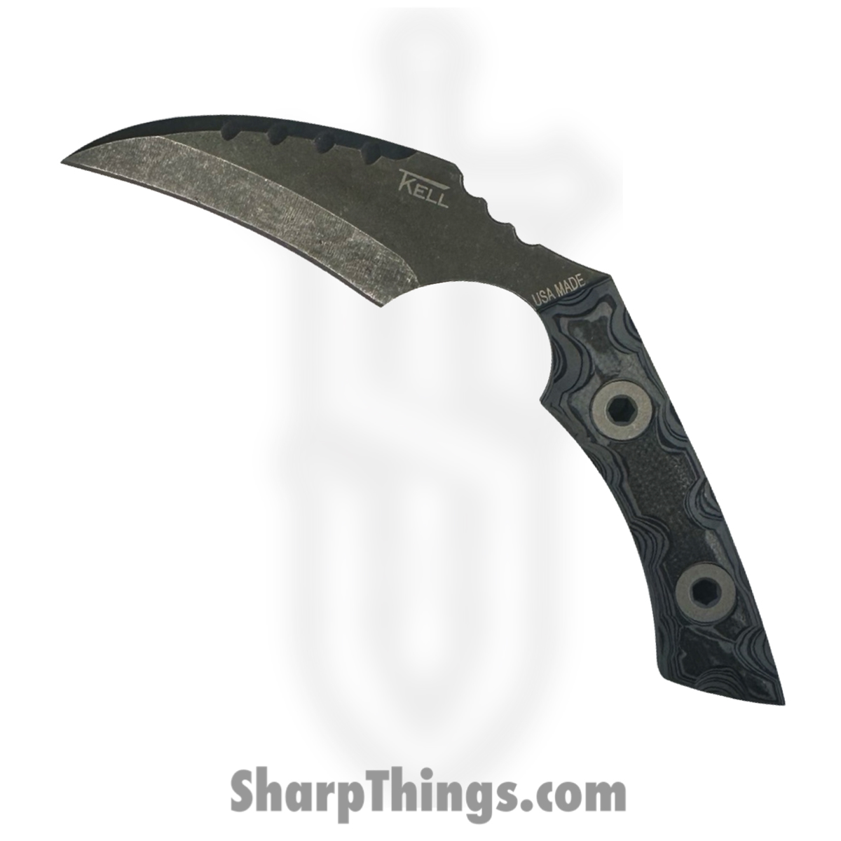 f6661852-3042-4e1d-9120-da3f466f89ef_FLNGreyman_1.jpg T.Kell Knives - FLNGreyman - FLN Removable G-10 Ring Black Recon - Fixed Blade Knife - 80crv2 Coated Hawkbill - G10 - Greyman - Image 1