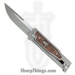 Reate Knives - EXOM-DPMIBU - EXO-M - OTF Gravity Knife - Satin Elmax Drop Point - Titanium w Micarta - Burlap