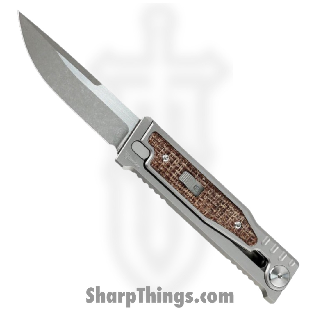 f88d80a8-2a86-47df-a5f5-debd97e9d9d9_EXOM-DPMIBU_1.jpg Reate Knives - EXOM-DPMIBU - EXO-M - OTF Gravity Knife - Satin Elmax Drop Point - Titanium w Micarta - Burlap - Image 1