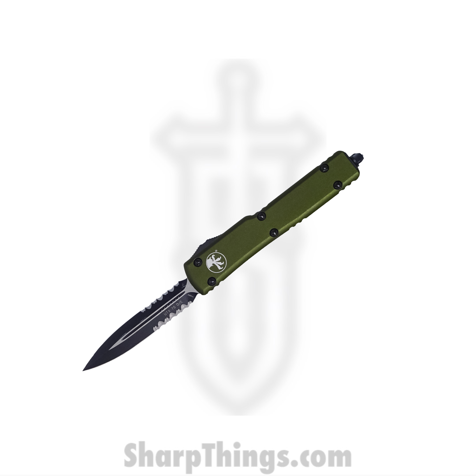 f93ef645-1a63-4359-9c90-6ceda8d1e17d_147-2OD_1.png Microtech - 147-2OD - UTX-70 - OTF Auto - Elmax, M390, 204P Coated Dagger - 6061-T6 Aluminum - Black - Image 1