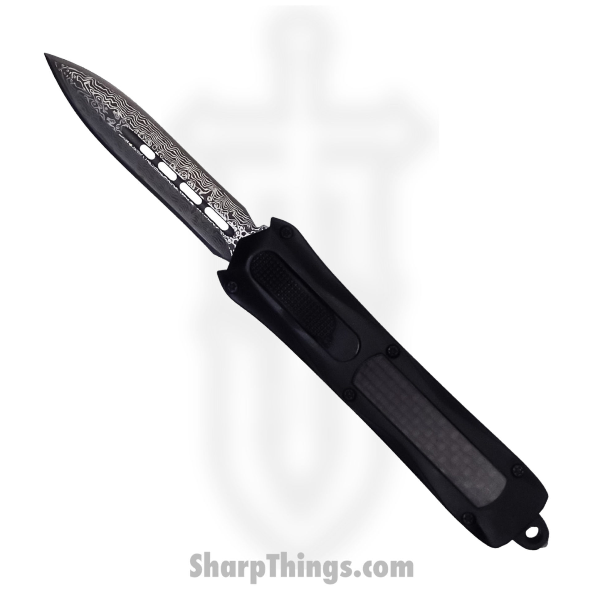 f981de02-5082-417f-a9b8-a6f7c59e0d4d_SBA163GDSDBK_1.jpg Steel River Knives - SBA163GDSDBK - Mini Sidewinder OTF Auto - 440 2 Tone Damascus Dagger Serrated - Black - Image 1