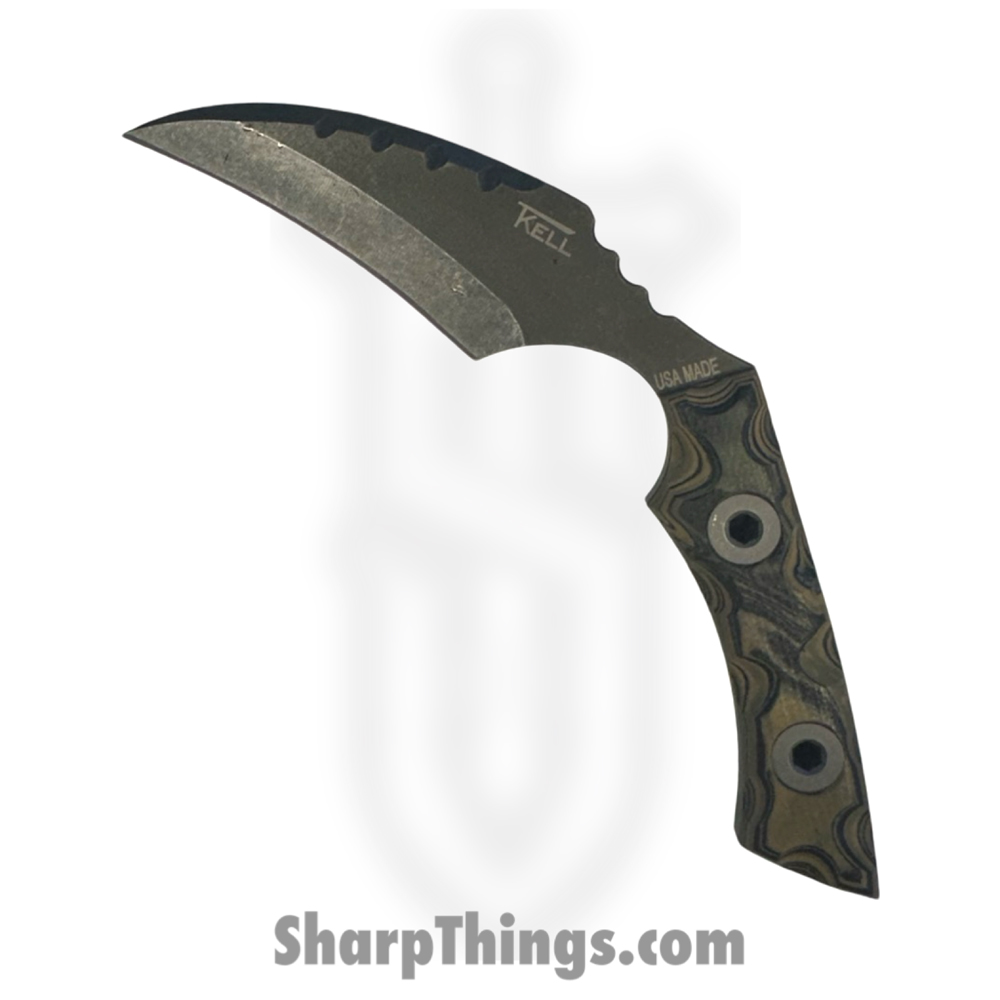 fb16ea14-d3d0-4b2d-927e-f397a0c49af8_FLNWoodgrain_1.jpg T.Kell Knives - FLNWoodgrain - FLN Removable G-10 Black Recon - Fixed Blade Knife - 80crv2 Coated Hawkbill - G10 - Woodgrain - Image 1