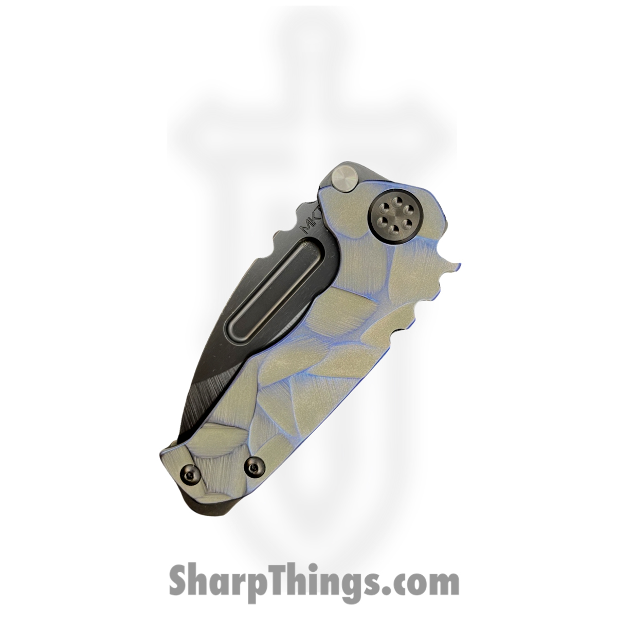 fb6bc3fc-472a-4ec4-b5c5-cc361c09561e_MK0084PD-37B2-TPC2-BP_1.jpg Medford Knife and Tool - MK0084PD-37A2-TPC2-BP - Micro "T" - Folding Knife - S45VN DLC Drop Point - BB/Cement with "Stained Glass" - Blue - Image 1