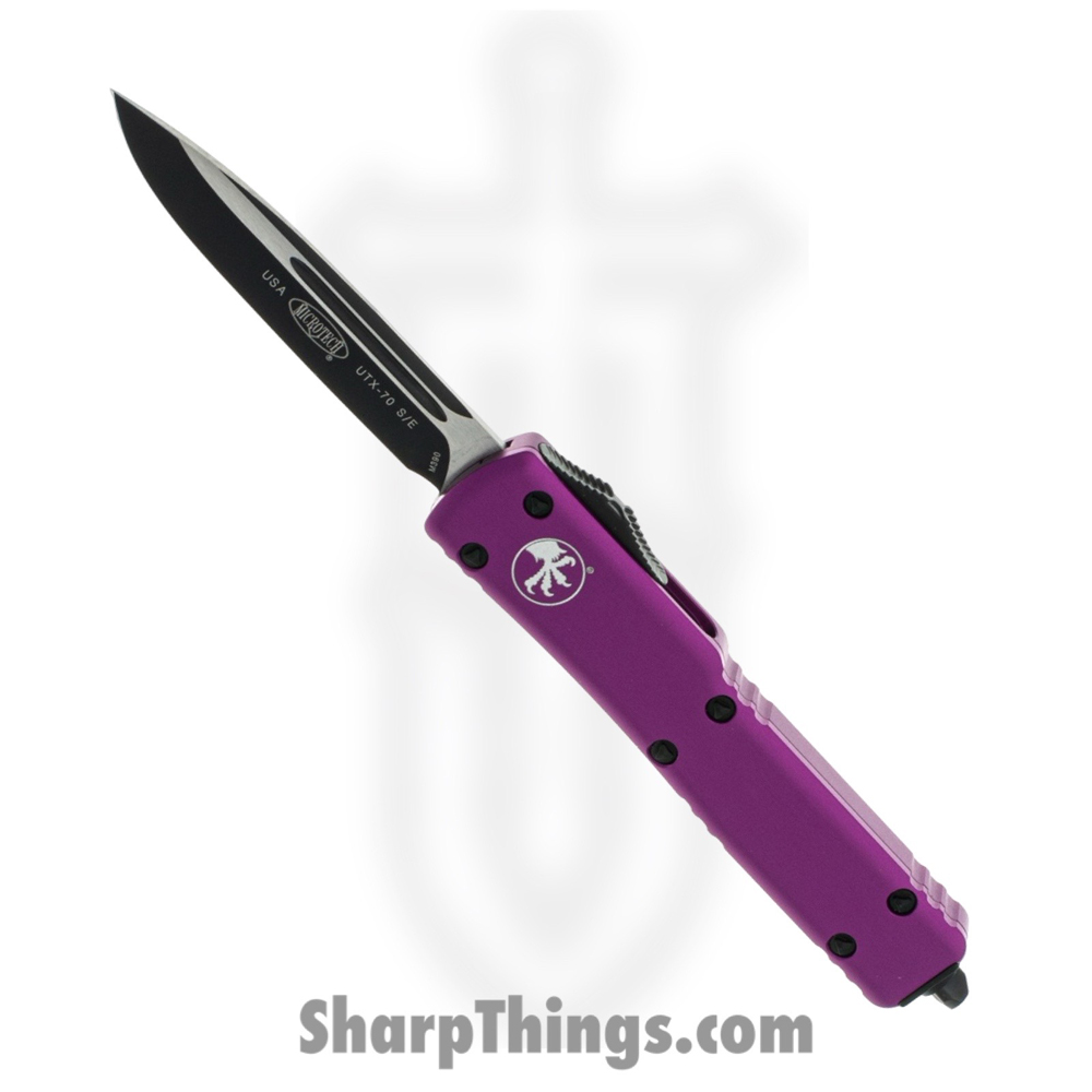 fc40021e-8bf3-40c2-9a1a-12161845da21_148-1VI_1.jpg Microtech - 148-1VI - UTX-70 - OTF Auto - Elmax, M390, 204P Two Tone Drop Point - 6061-T6 Aluminum - Violet - Image 1