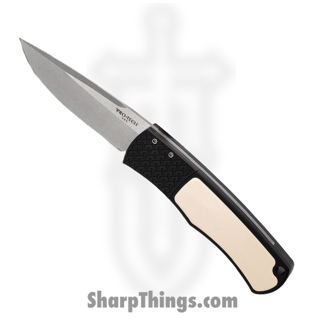 fc645b27-ad47-46dd-a22d-982291044de0_BR-1.51_1.jpg ProTech - BR-1.51 - Magic Bolster Tuxedo - Automatic Knife - 154CM Stonewash Drop Point - Aluminum/Micarta - Black/White - Image 1