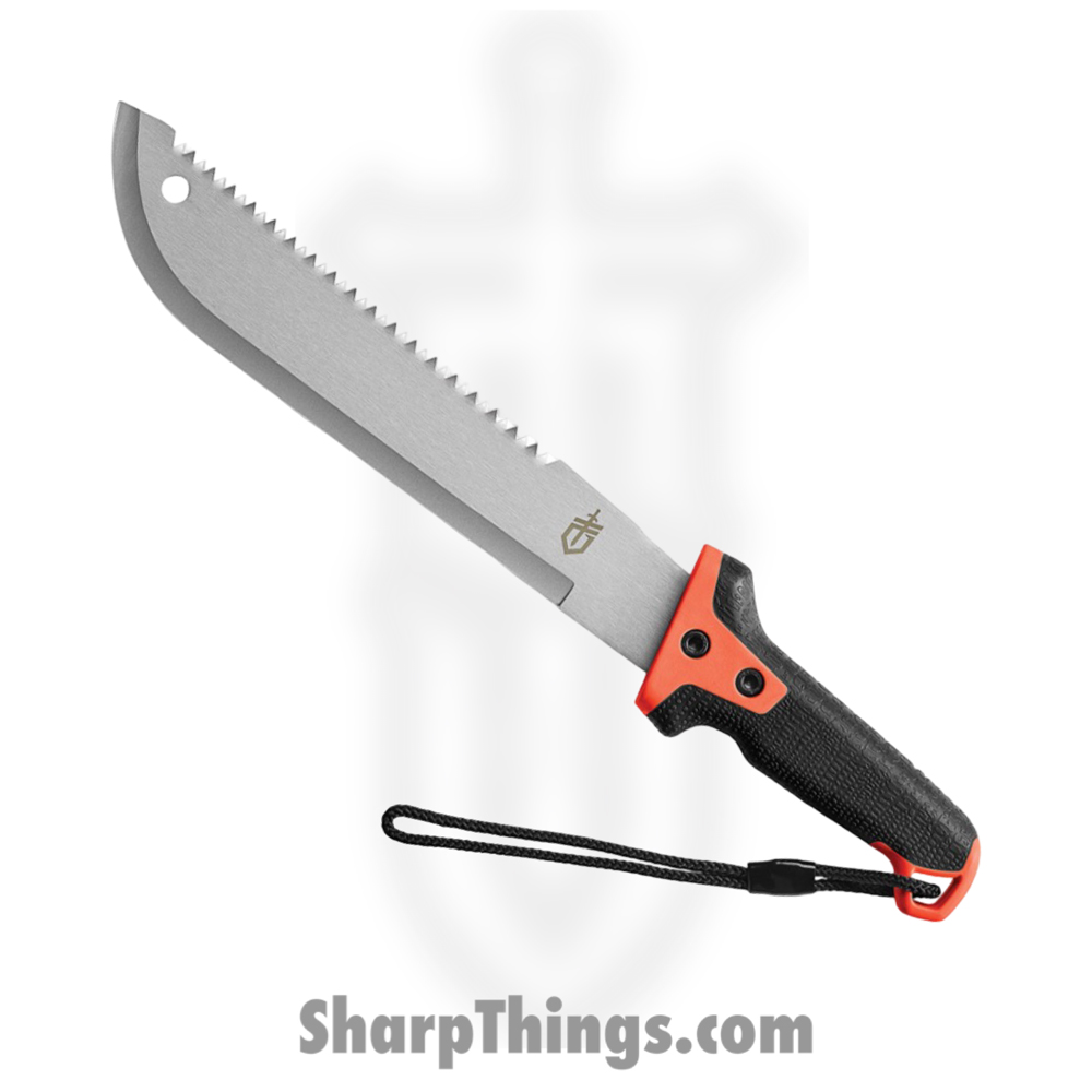 fceb7d12-3983-453d-910a-fdc01b84050a_G3154_1.jpg Gerber - G3154 - Compact Clearpath Machete - Fixed Blade Knife - Stainless Blasted Sawback - Gator Grip - Black Orange - Image 1