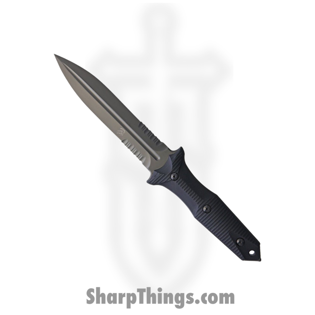 fd322e36-ddd1-4ab3-8dce-05a934ceb6e0_BAS214S_1.jpg Bastinelli Creations - BAS214S - Grozo Serrated - Fixed Blade Knife - N690 PVD Spear Point - G10 - Black - Image 1