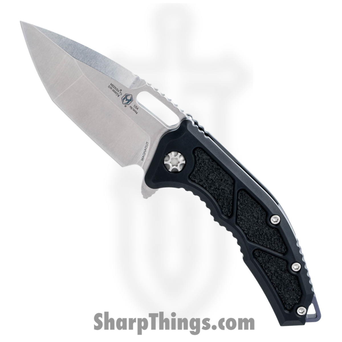 fdc306c7-862e-42d5-b0ba-743a479686d9_H009-2A_1.jpg Heretic Knives - H009-2A - Medusa - Folding Knife - MagnaCut Stonewash Tanto - Aluminum with Grip Inlay - Black - Image 1