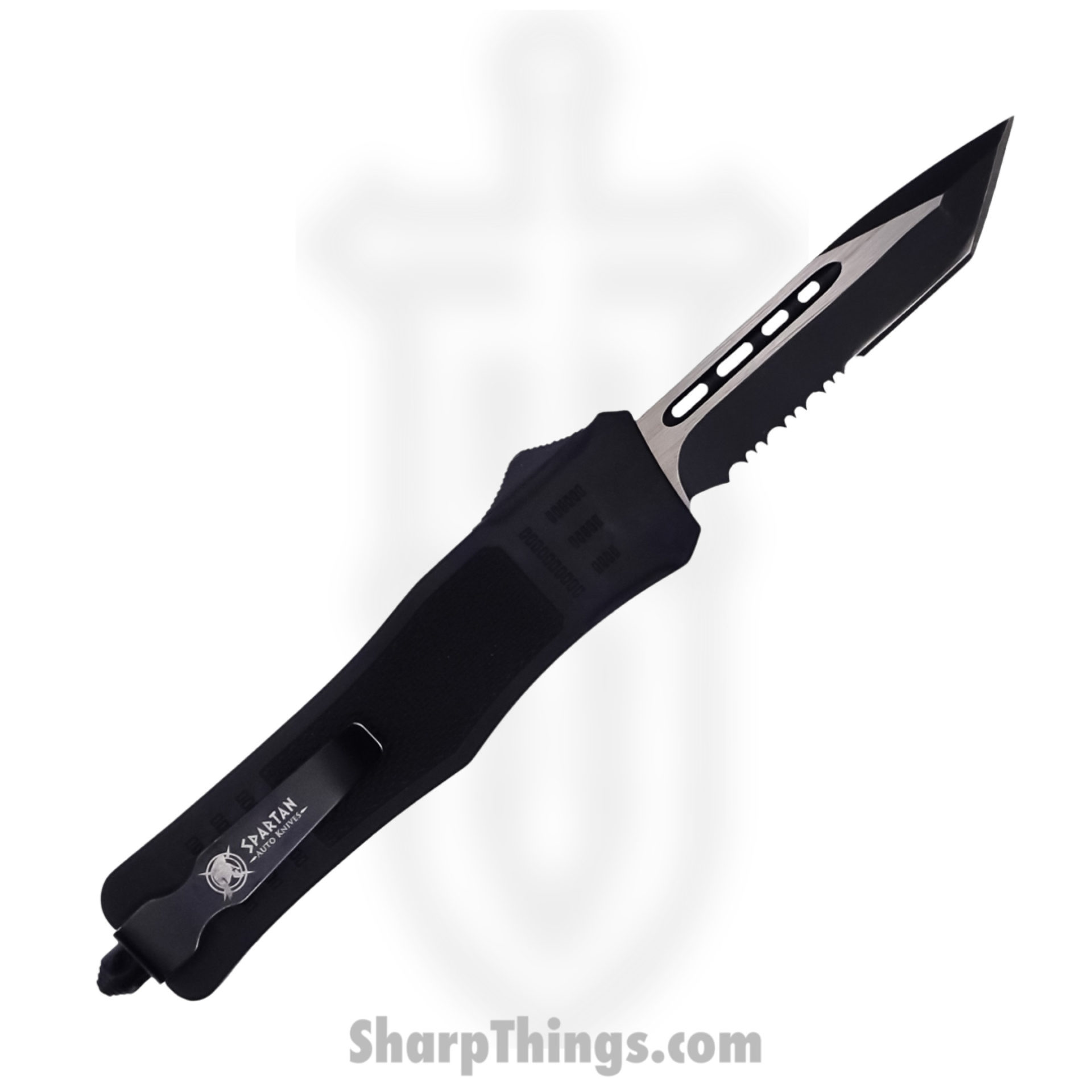 fdf29505-312c-446c-8a15-dcc52c75b96e_SB618TSBK_1.jpg Steel River Knives - SB618TSBK - Midway OTF Auto - 440 2 Tone Serrated Tanto - Black - Image 1