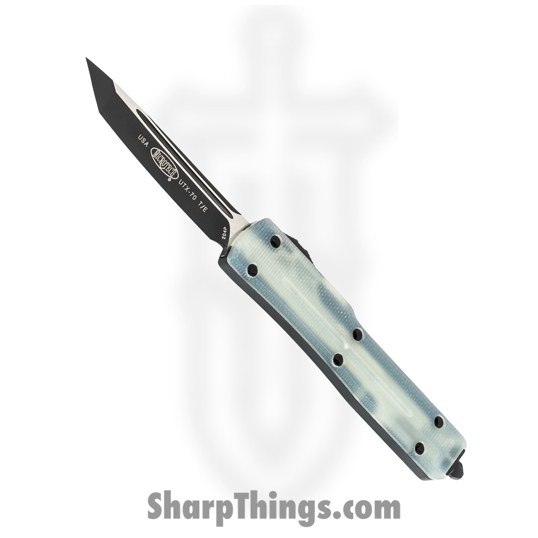 fe27189f-5f06-43e7-adc5-6ad10fb09a24_149-1GTJGS_1.jpg Microtech - 149-1GTJGS - UTX-70 Signature Series - OTF Auto - Elmax, M390, 204P Two Tone Tanto - 6061-T6 Aluminum/G10 - Black/Jade - Image 1