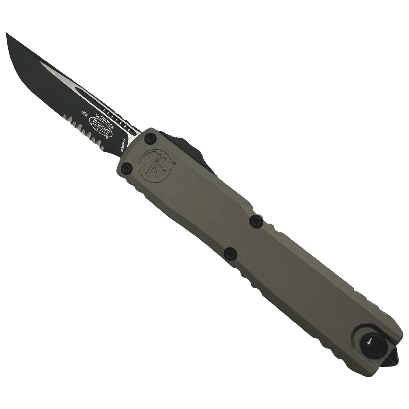 ff94ed98-cca2-4b6e-b6c9-d2fc86a2850f_1121-2NC_17916.png Microtech - 1121-2NC - Ultratech ZBP - OTF Auto - M390MK Coated Partial Serrated Drop Point - 6061-T6 Aluminum - Natural - Image 1