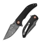 Klaken Knives - J337-CF-DAM - Ravenor - Folding Knife - Damascus Damascus Drop Point - Zebra Wood | CF Handle - Black
