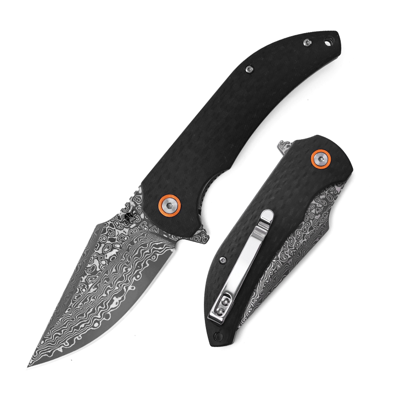 16676460435462.jpg Klaken Knives - J337-CF-DAM - Ravenor - Folding Knife - Damascus Damascus Drop Point - Zebra Wood | CF Handle - Black - Image 1
