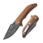 Klaken Knives - J337-ZW-DAM - Ravenor - Folding Knife - Damascus Damascus Drop Point - Zebra Wood | CF Handle - Wood