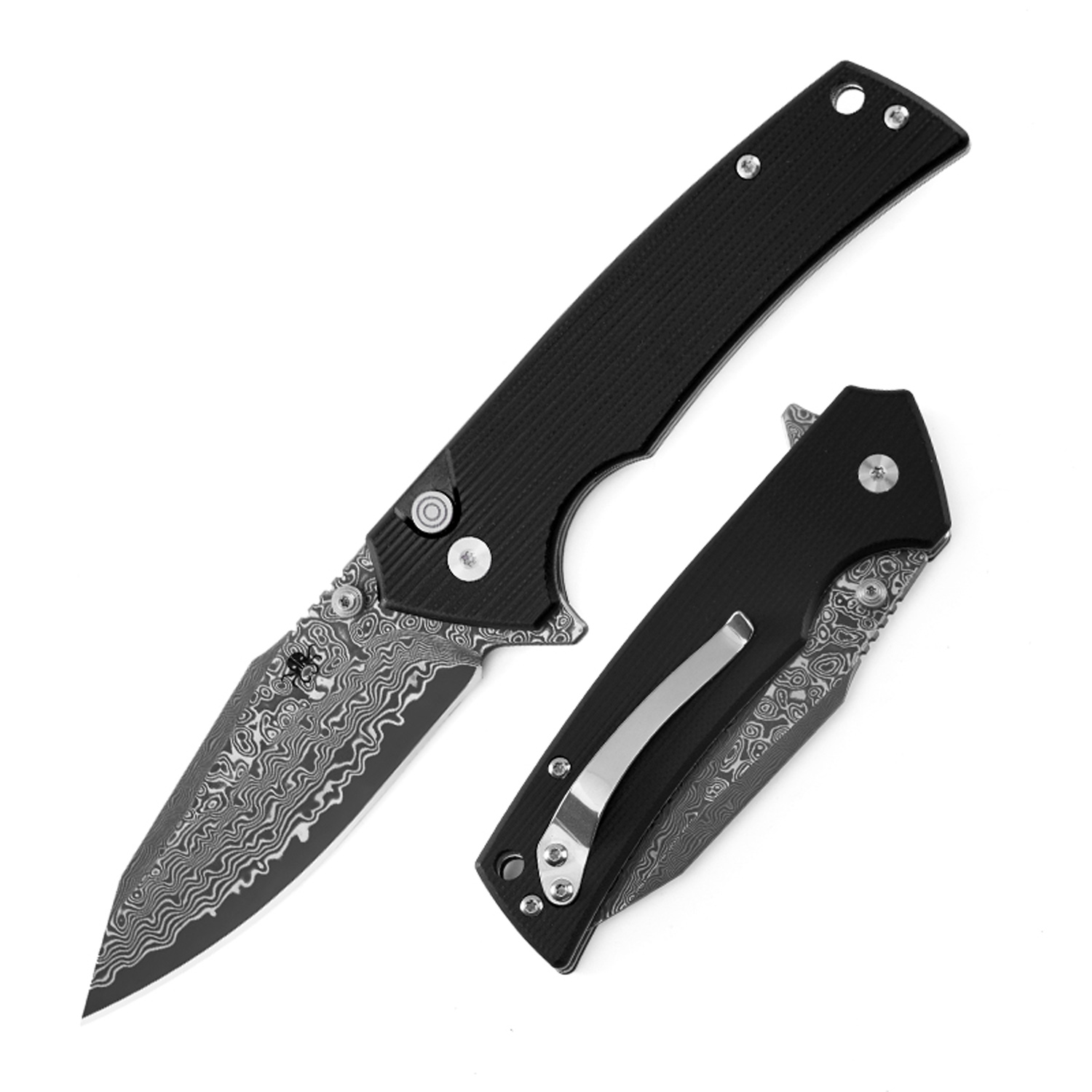 16679910250502.jpg Klaken Knives - J313-BK-DAM - Riven - Folding Knife - Damascus Damascus Reverse Tanto - G10 - Black - Image 1