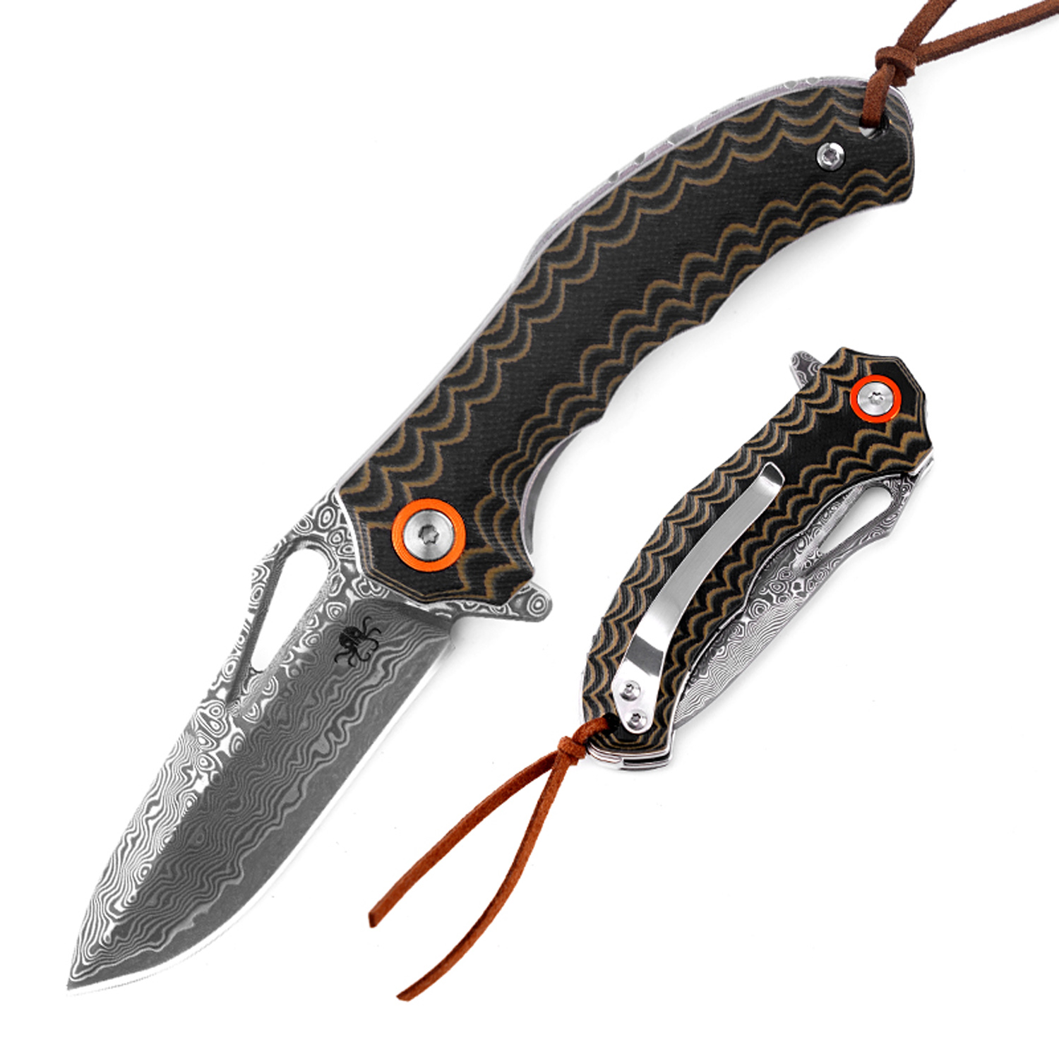35262892087302.jpg Klaken Knives - J345-BR-DAM - Tideborn - Folding Knife - Damascus Damascus Spear Point - G10 - Brown - Image 1