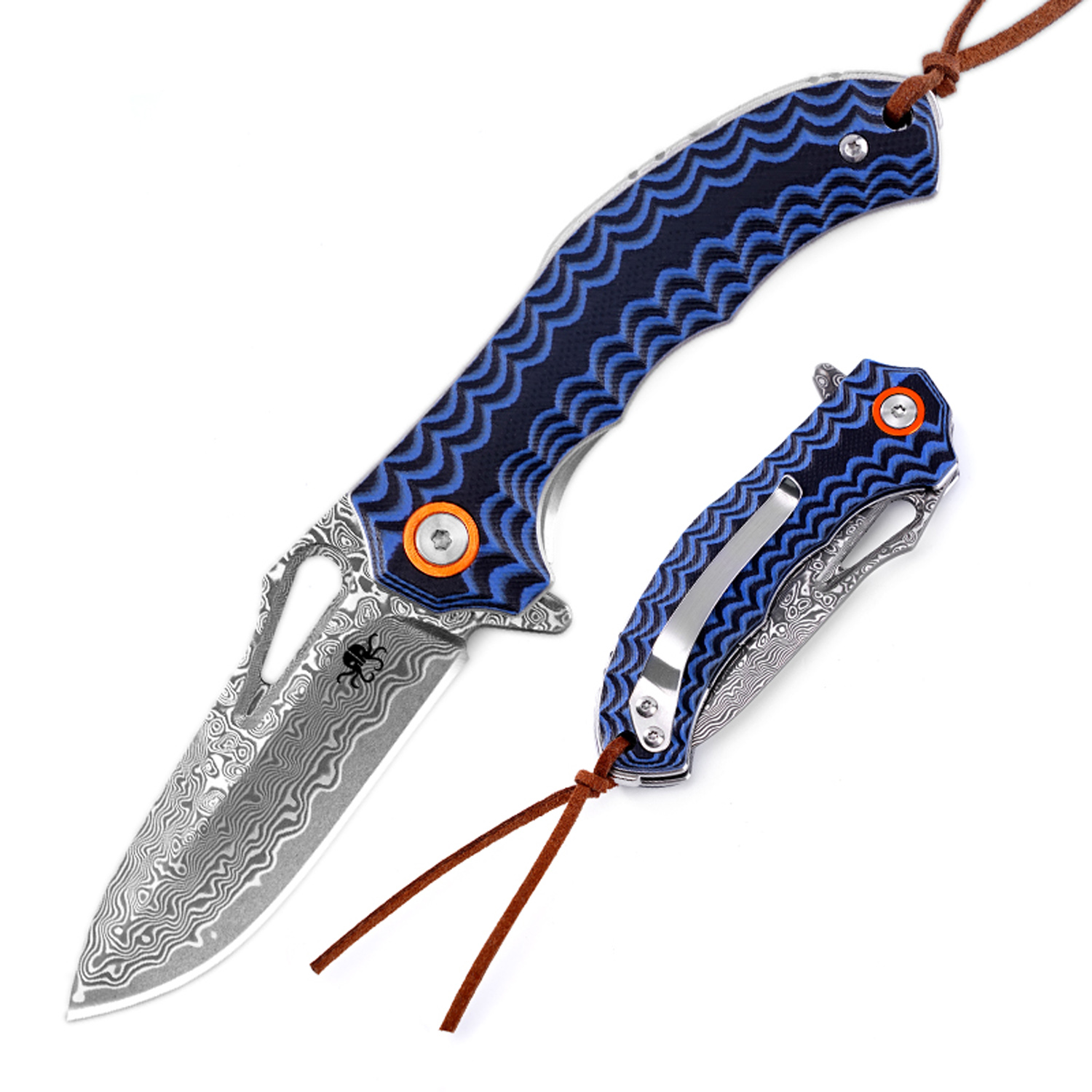35272861685766.jpg Klaken Knives - J345-BL-DAM - Tideborn - Folding Knife - Damascus Damascus Spear Point - G10 - Blue - Image 1