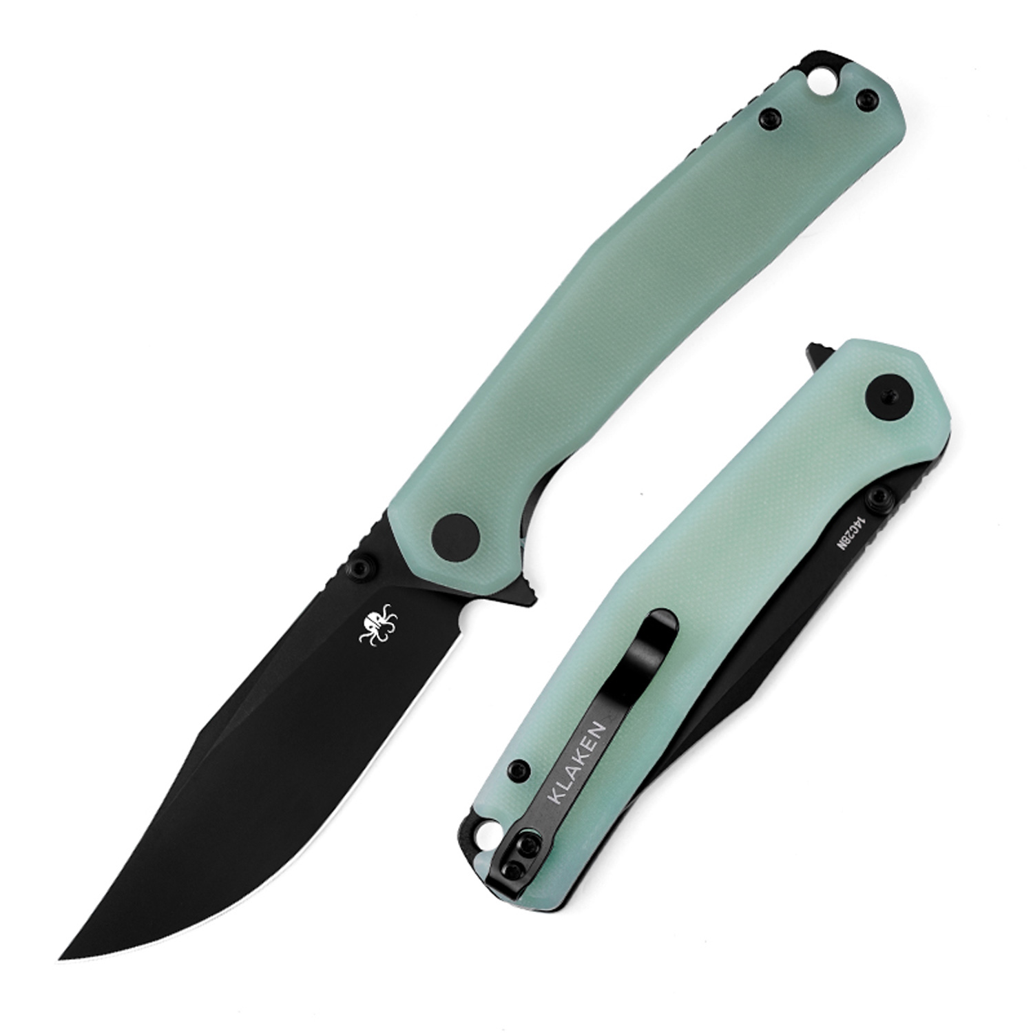 53494688258054.jpg Klaken Knives - J335-JD-BK - The Lancet - Folding Knife - 14C28N Coated Clip Point - G10 - Jade - Image 1