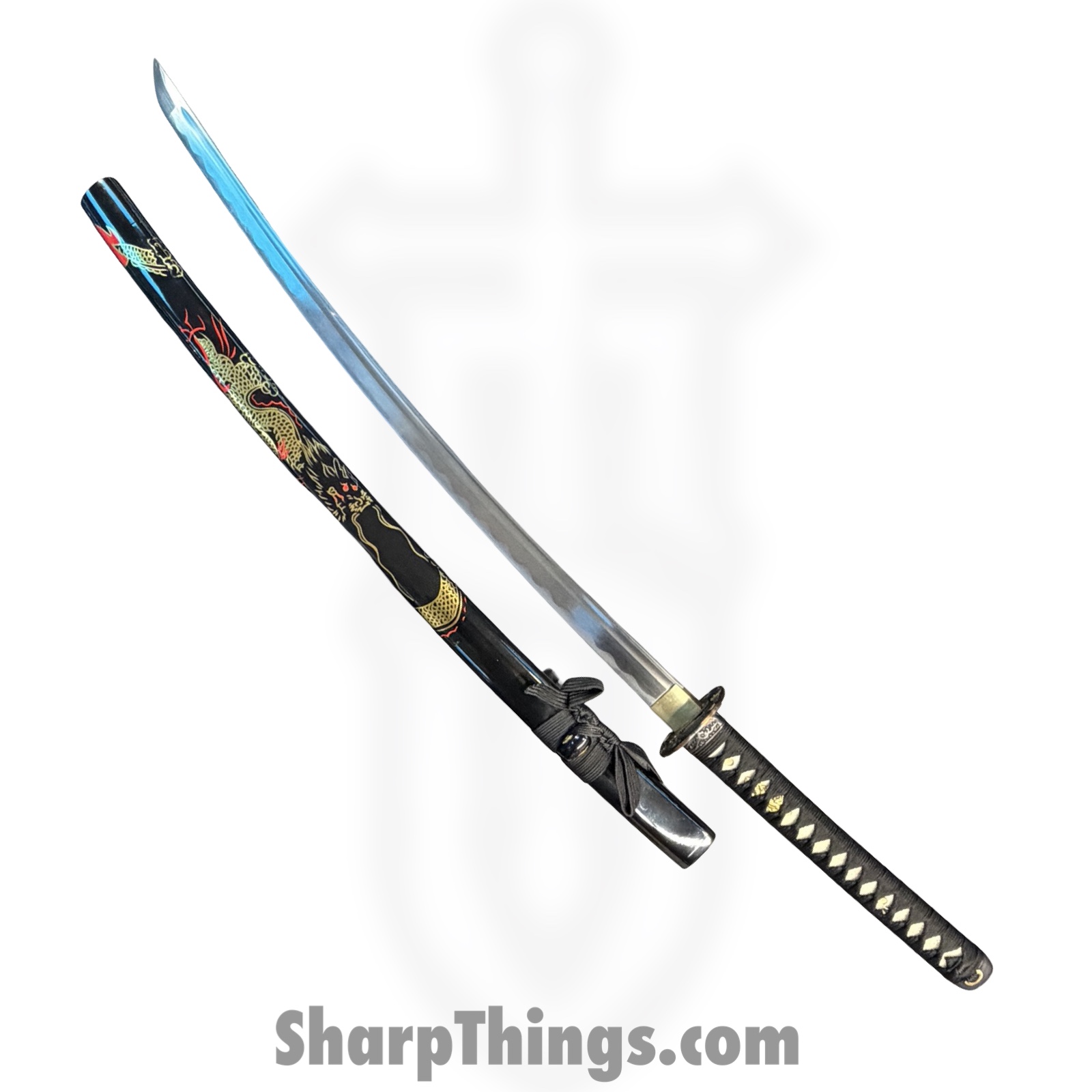 608866593935.jpg Onikiri - F-570-DG - 41in Handmade Dragon Katana - Fixed Blade Knife - 1045 HC Satin - Cord Wrapped - Black - Image 1