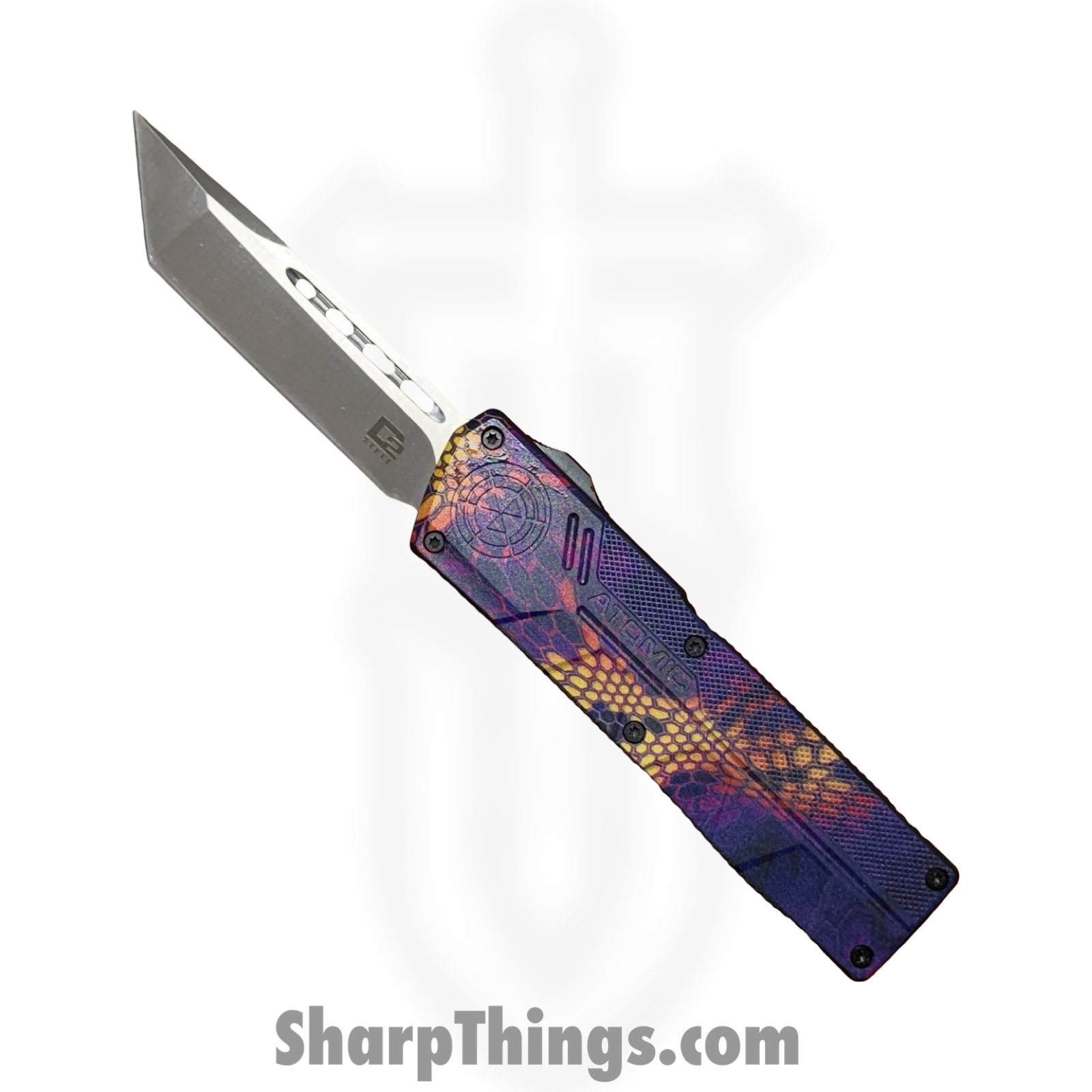 WNS-DT01SCMP.jpg Atomic Knives - WNS-DT01SCMP - UltraLite ATOMIC - OTF Auto - D2 Satin Tanto - Aluminum - Snake Camo - Image 1
