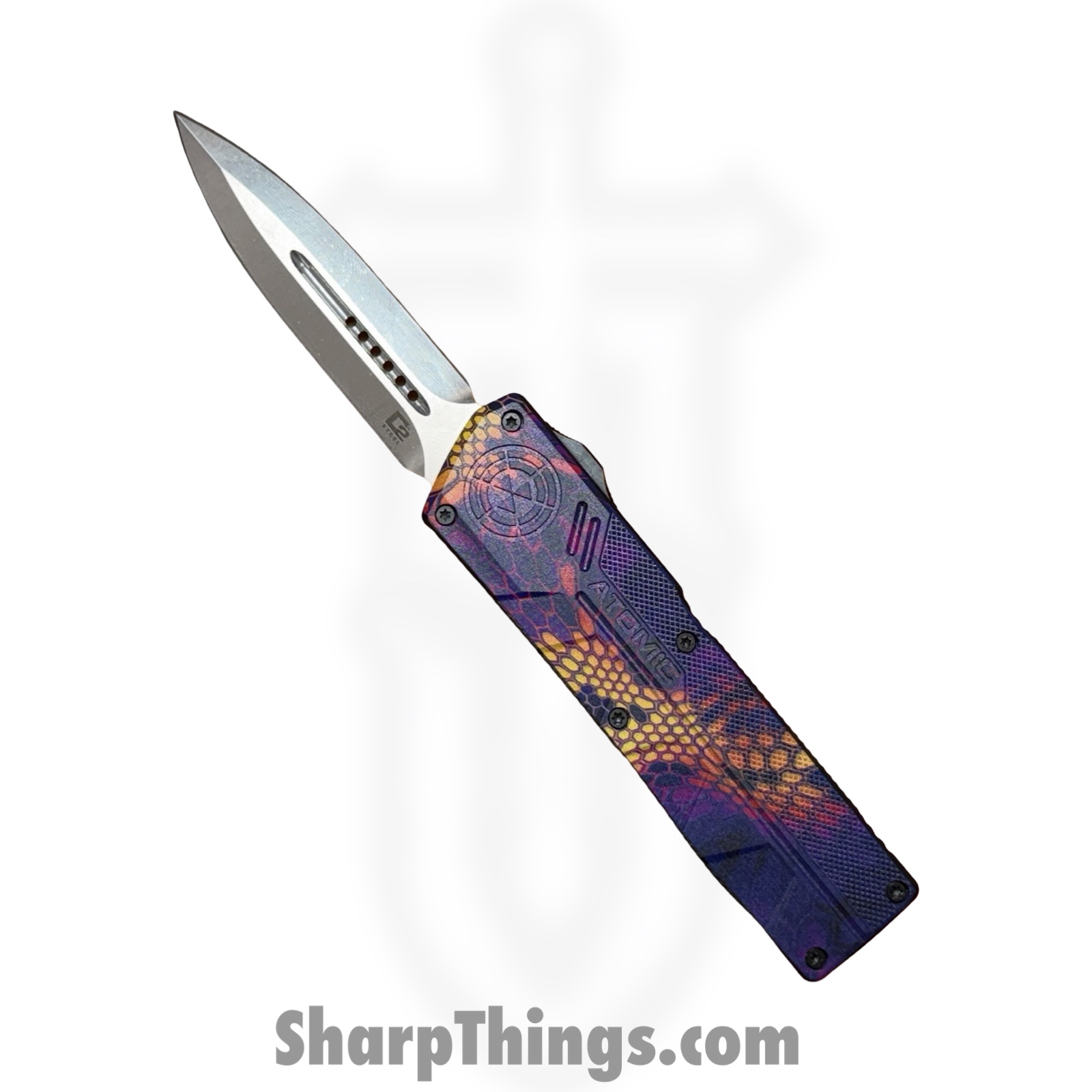 WNS-DT01SCMPDE.jpg Atomic Knives - WNS-DT01SCMPDE - UltraLite ATOMIC - OTF Auto - D2 Satin Dagger - Aluminum - Snake Camo - Image 1