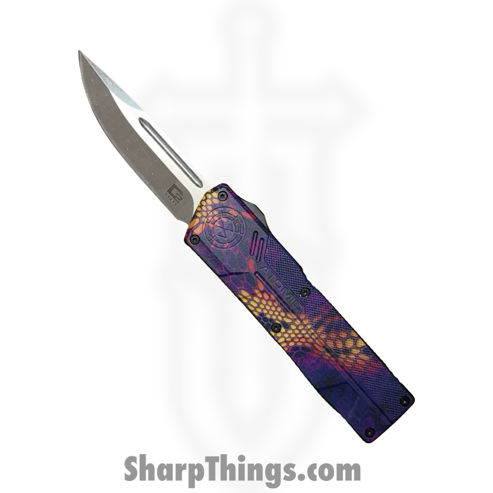 WNS-DT01SCMPDP.jpg Atomic Knives - WNS-DT01SCMPDP - UltraLite ATOMIC - OTF Auto - D2 Satin Drop Point - Aluminum - Snake Camo - Image 1