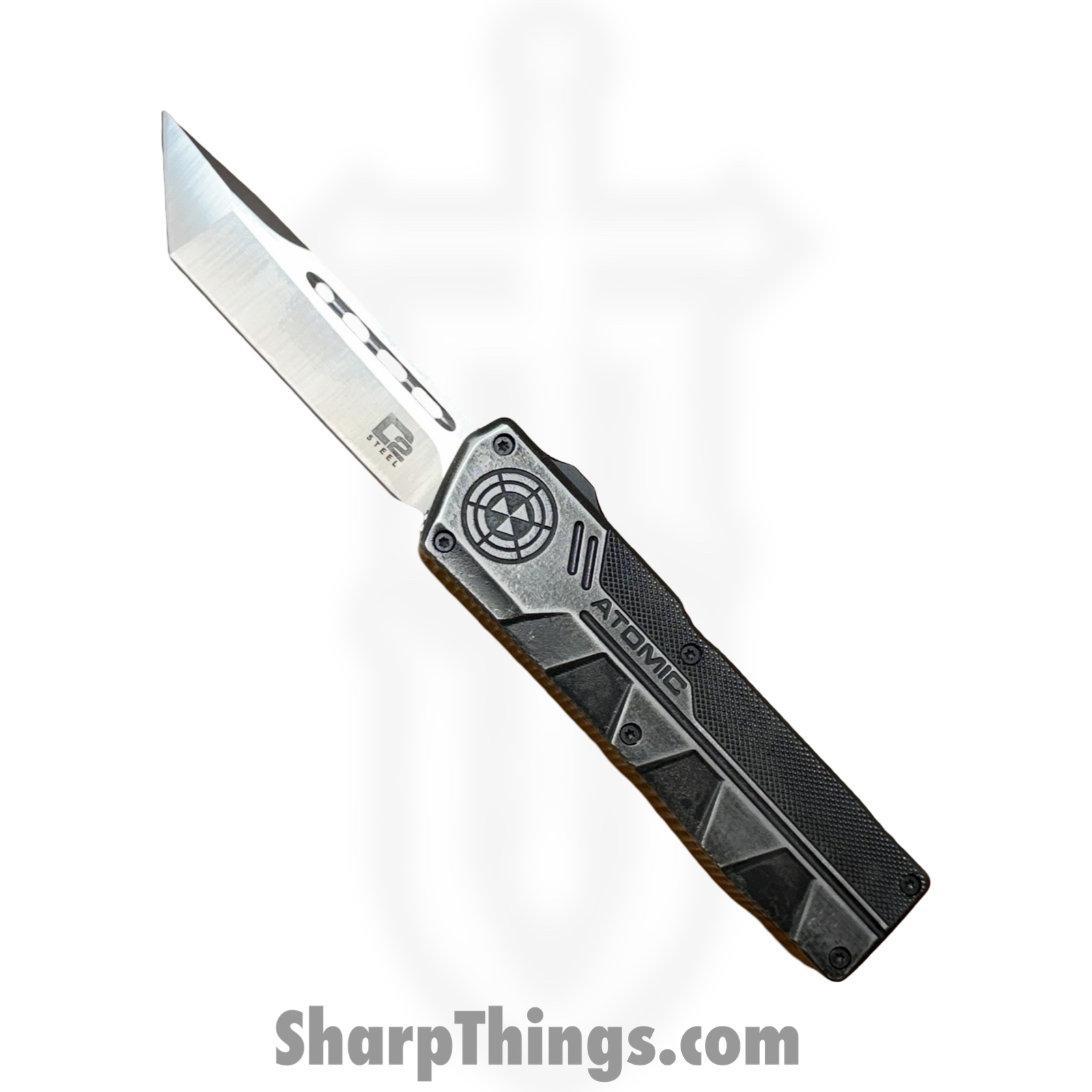 WNS-DT01SW.jpg Atomic Knives - WNS-DT01SW - UltraLite ATOMIC - OTF Auto - D2 Stonewash Tanto - Aluminum - Stonewash - Image 1