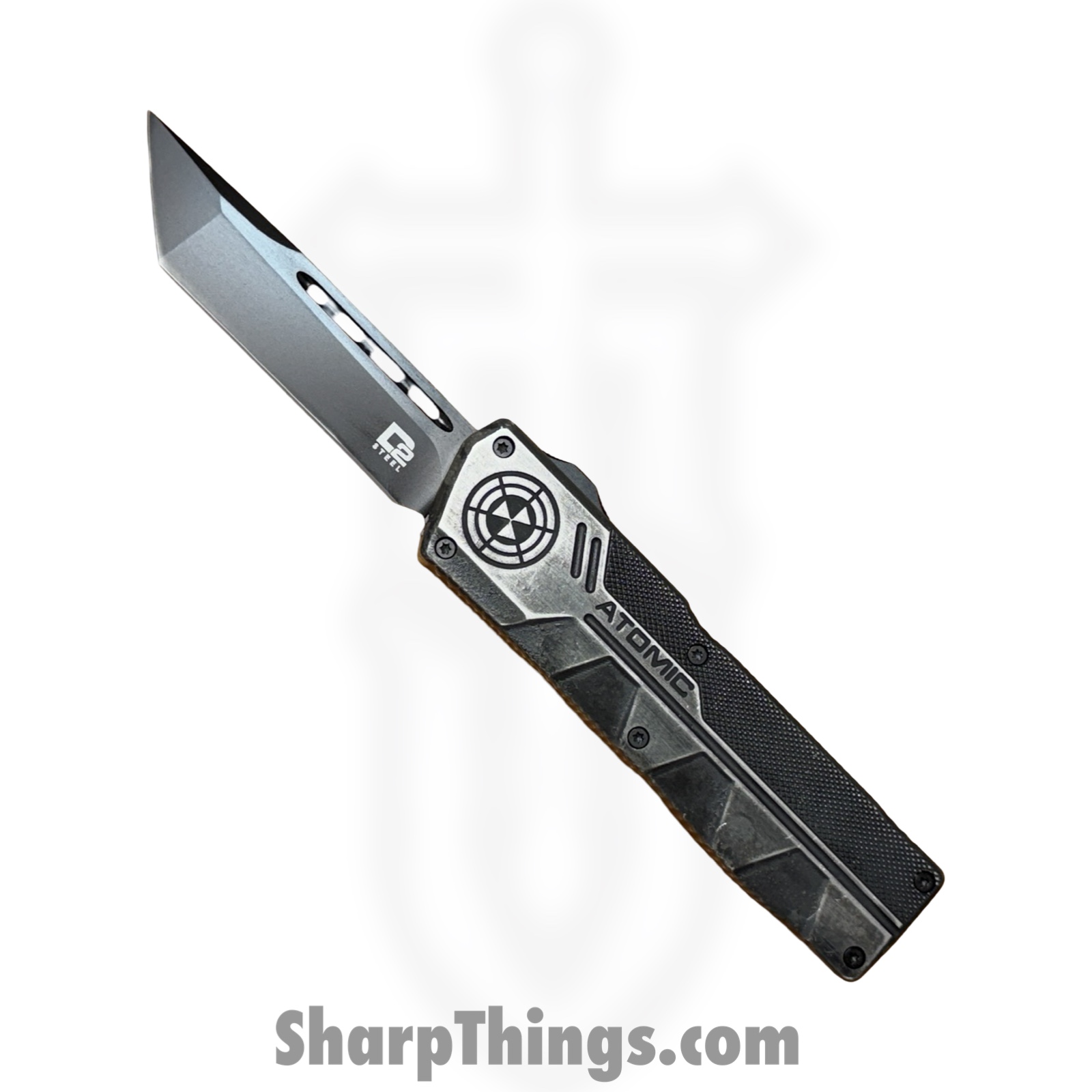 WNS-DT01SWBT.jpg Atomic Knives - WNS-DT01SWBT - UltraLite ATOMIC - OTF Auto - D2 Stonewash Tanto - Aluminum - Stonewash - Image 1