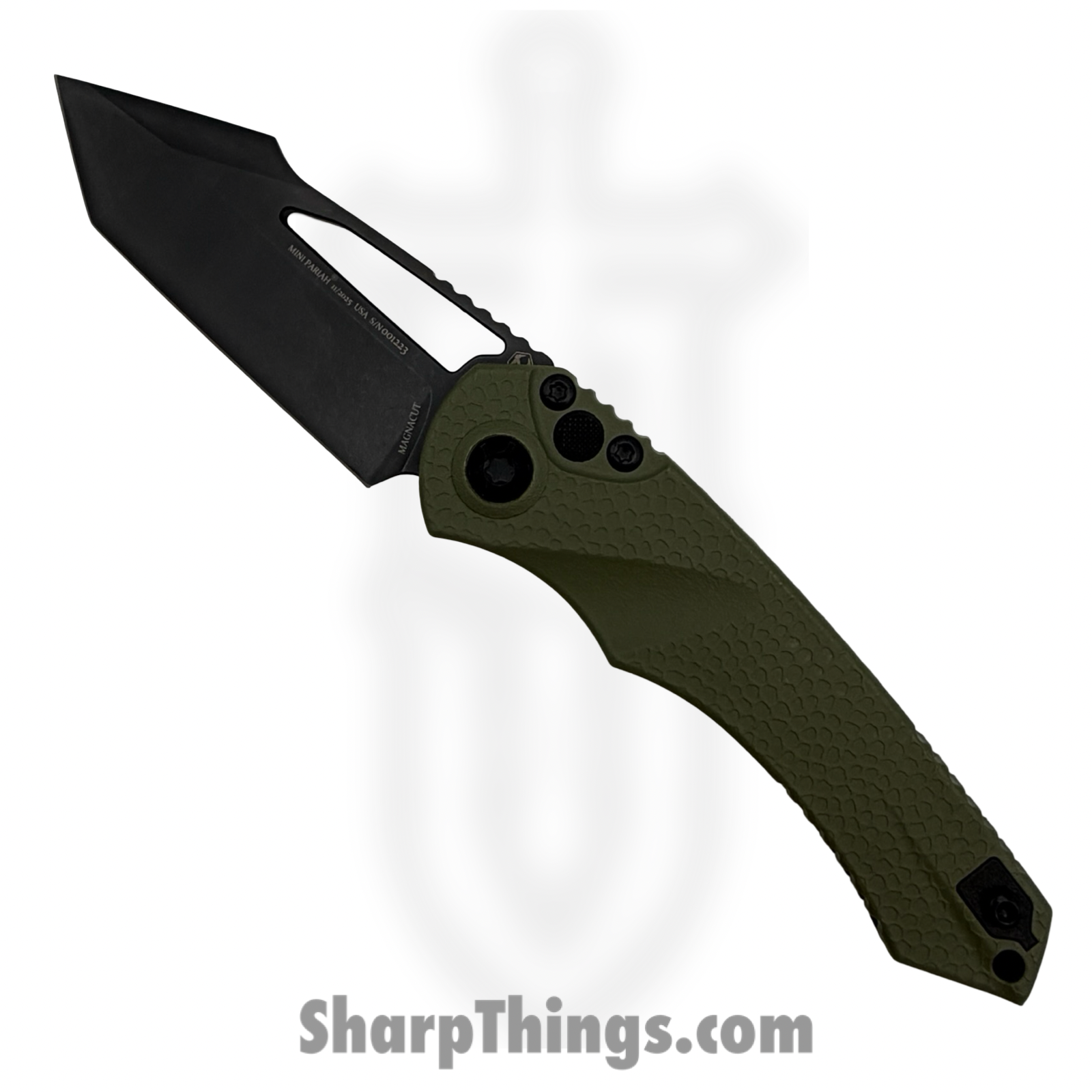 h053-6a-grn.png Heretic Knives - H053-6A-GRN - Mini Pariah Manual - Folding Knife - CPM MagnaCut DLC Tanto - Polymer - OD Green - Image 1